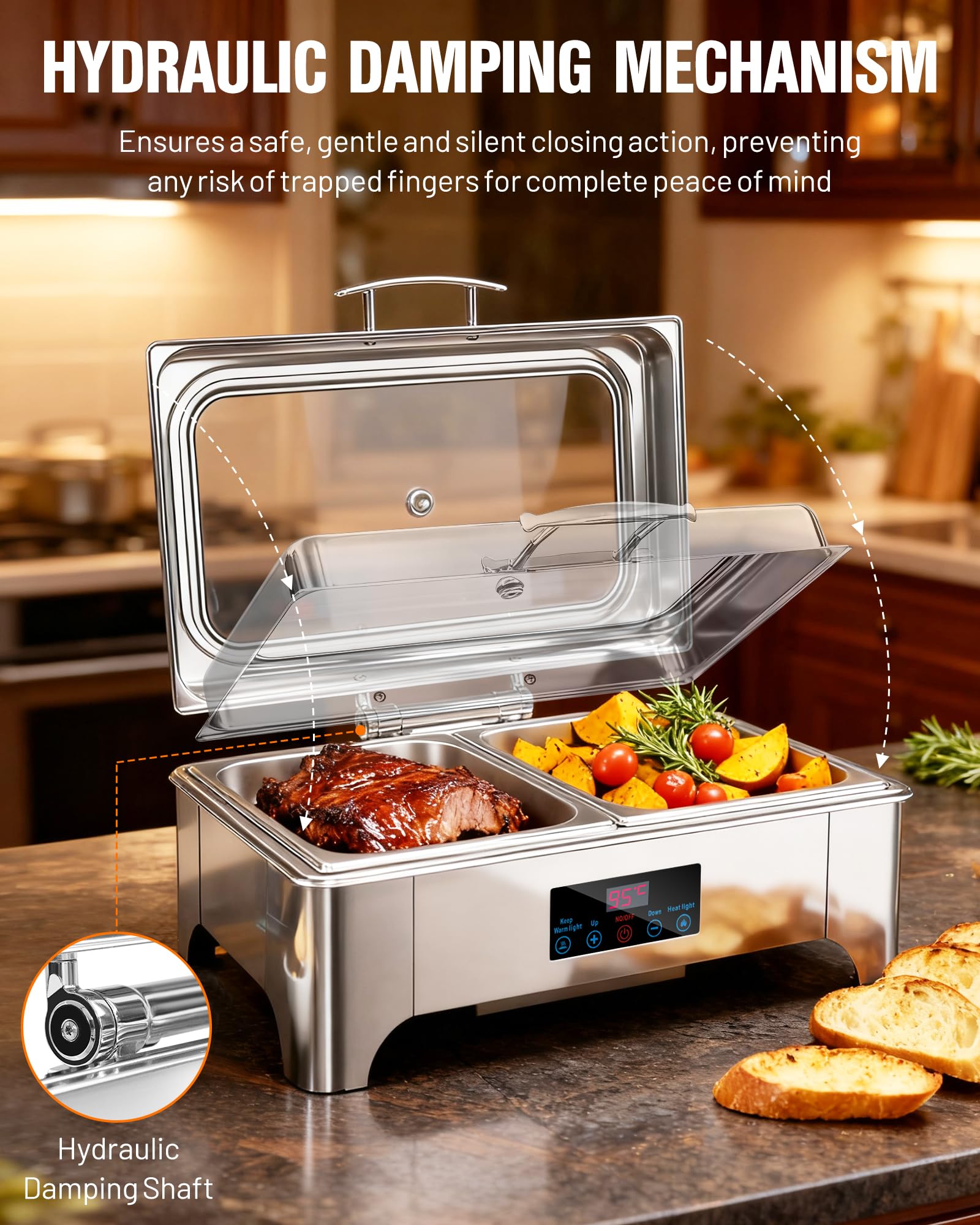 9L Chafing Dish Buffet Elettrico con Coperchio in Vetro Scaldavivande in Acciaio Inox Vassoio di Contenitore Riscaldamento e Freddo per Buffet Catering Ristoranti Feste Matrimoni
