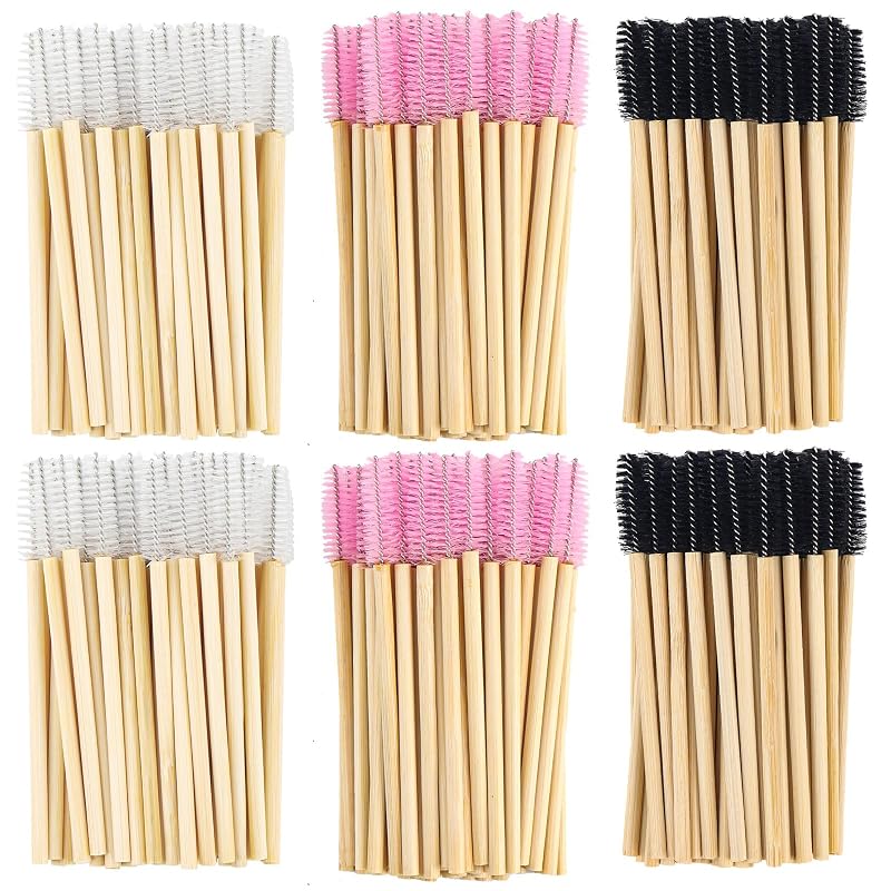 Myaokue-up 300 Escovinhas Descartáveis para Máscara de Cílios, Sobrancelhas e Maquiagem, Cores Branco-Rosa-Preto/Bambu