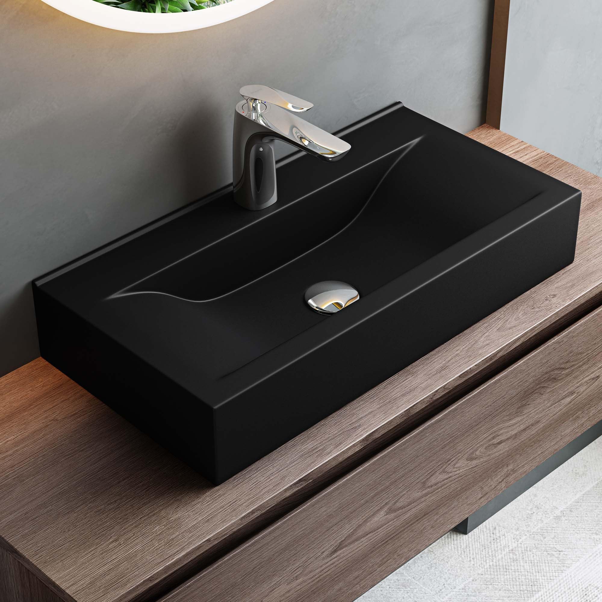 Mai & Mai Bathroom Sink Basin Countertop Wash Basin | Ceramic Rectangular Black Wall Hung | Modern Design Bathroom Vessel Sink | WDH：61x31x10cm | Nano-Coating Brüssel118