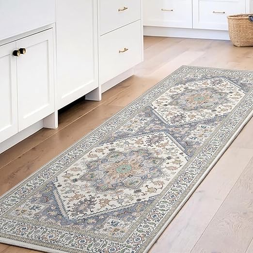OPPODREAM Soft Entryway Rug 2x6, 2x6 Rug Runner, Washable Hallways Carpet 2 x 6 with Non Slip Backing, Low-Pile Bedside Carpet 2 x 6, Long, Faux Cashmere, Purple & Green & Cream