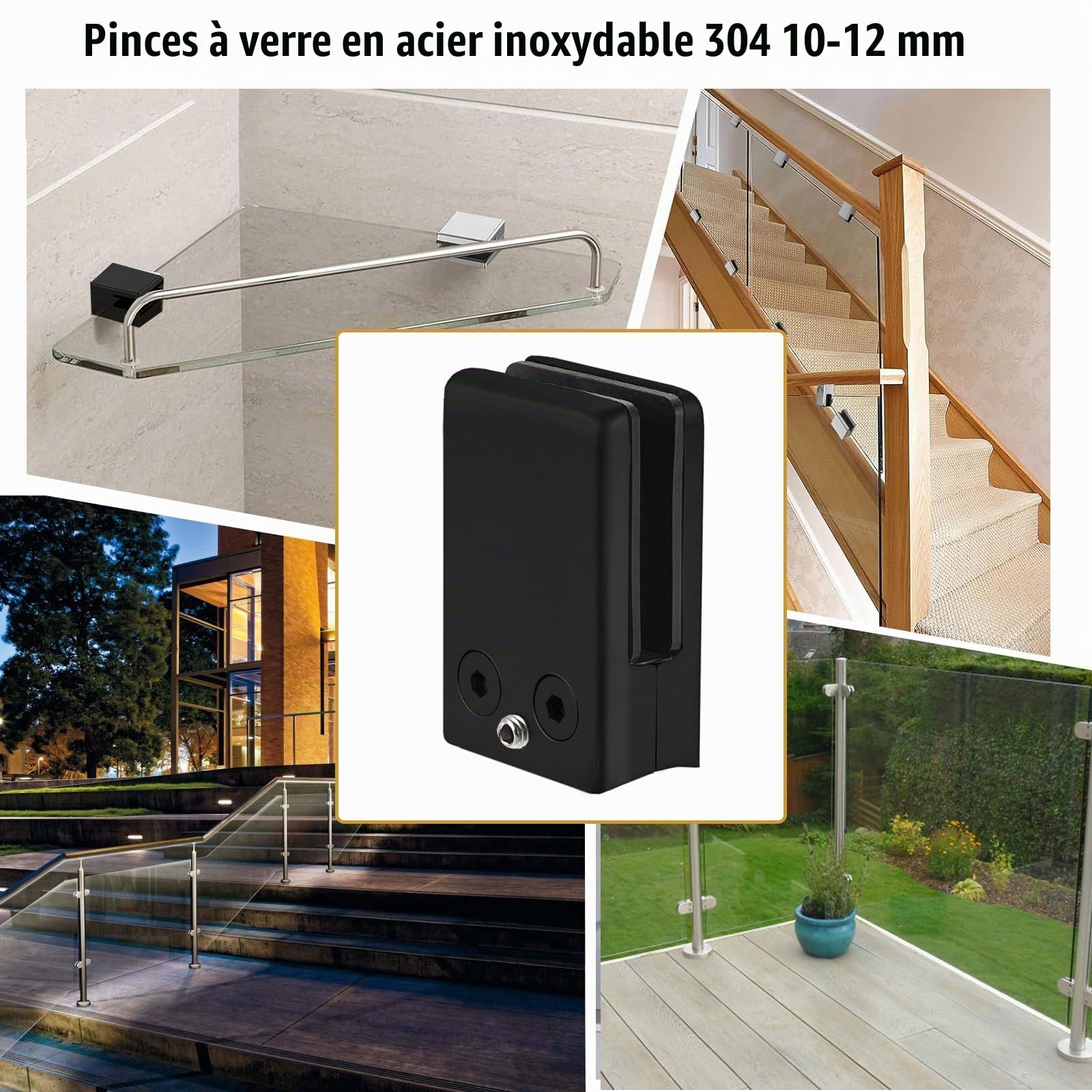 12pcs Pinces En Verre Noir 10-12mm, Clips Réglables En Acier Inoxydable 304 Pour Balustrade, Escalier, Main Courante - Support à Dos Plat