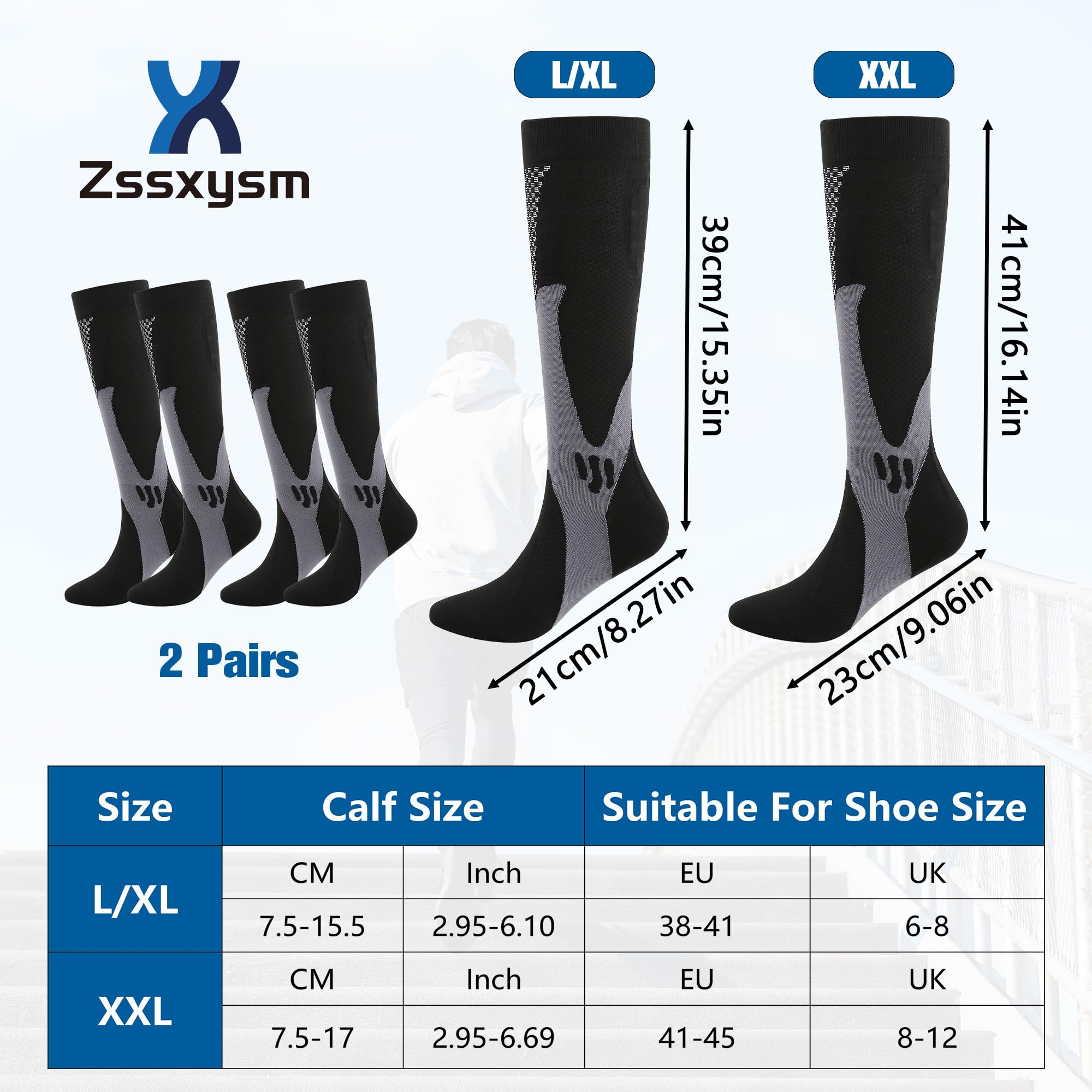 Kompressionsstrümpfe für Herren 2 Paar, Plantarfasziitis Compression Socken, Thrombosestrümpfe, Kompressionssocken Stützstrümpfe für Laufen Sport Flug Reise Radsport Fitness, Größe 38-45