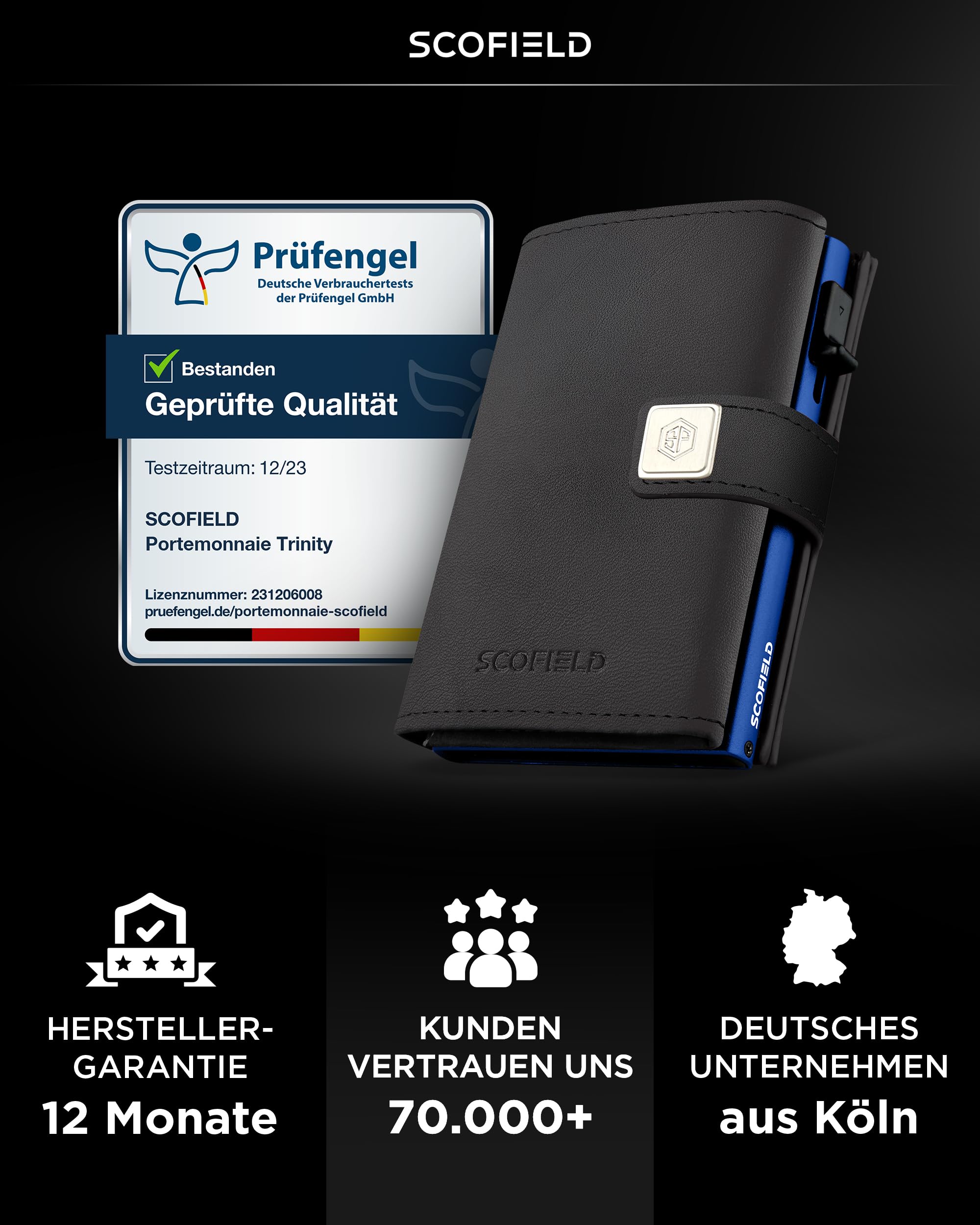 SF SCOFIELD Trinity wąski portfel z przegródką na monety, wysokiej jakości etui na karty kredytowe na 10-12 kart, ochrona RFID, portfele dla mężczyzn, inteligentny portfel, Münzfach Max