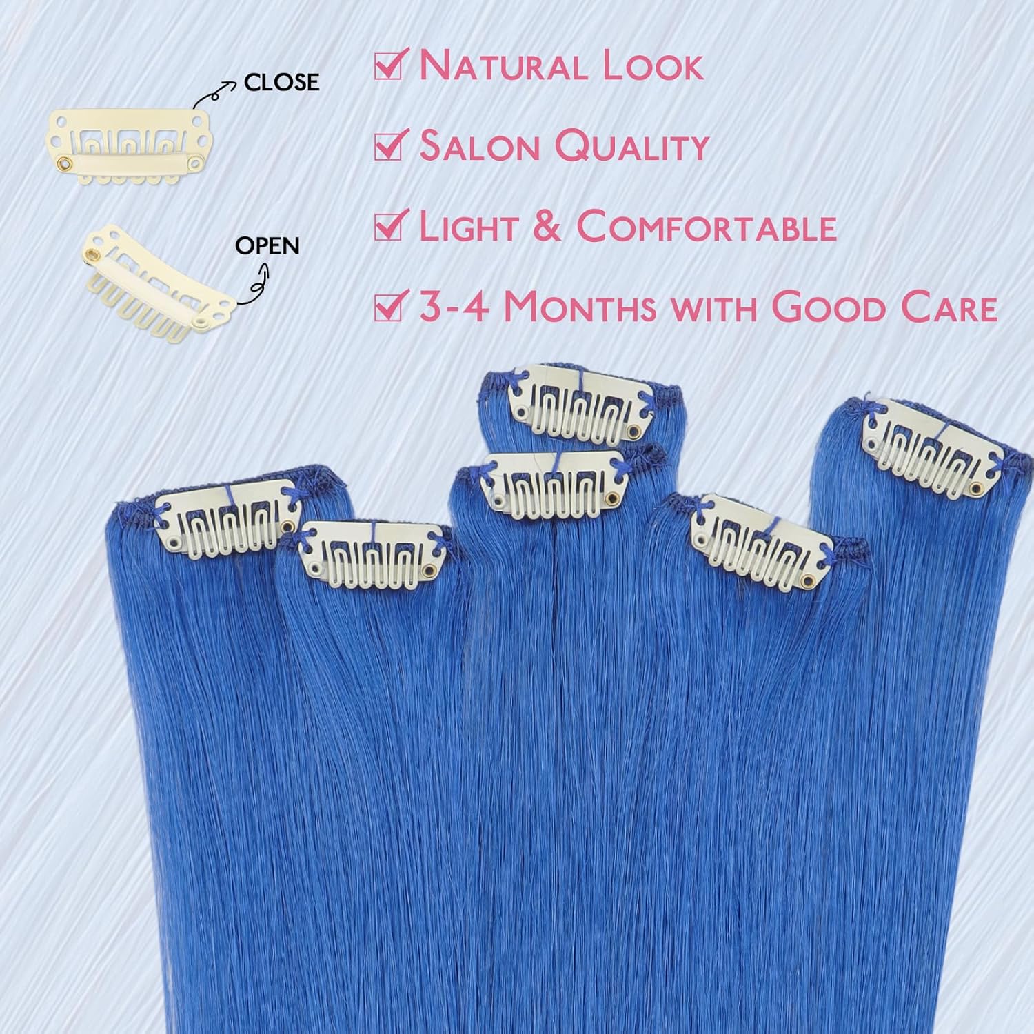 WENNALIFE Blue Clip in Hair Extensions Real Human Hair 35g 6pcs 14 Inch Colored Hair Extensions for Kids Women Colorful Hair Pieces Pop-up Style Straight Extensiones De Cabello Humano Con Clip