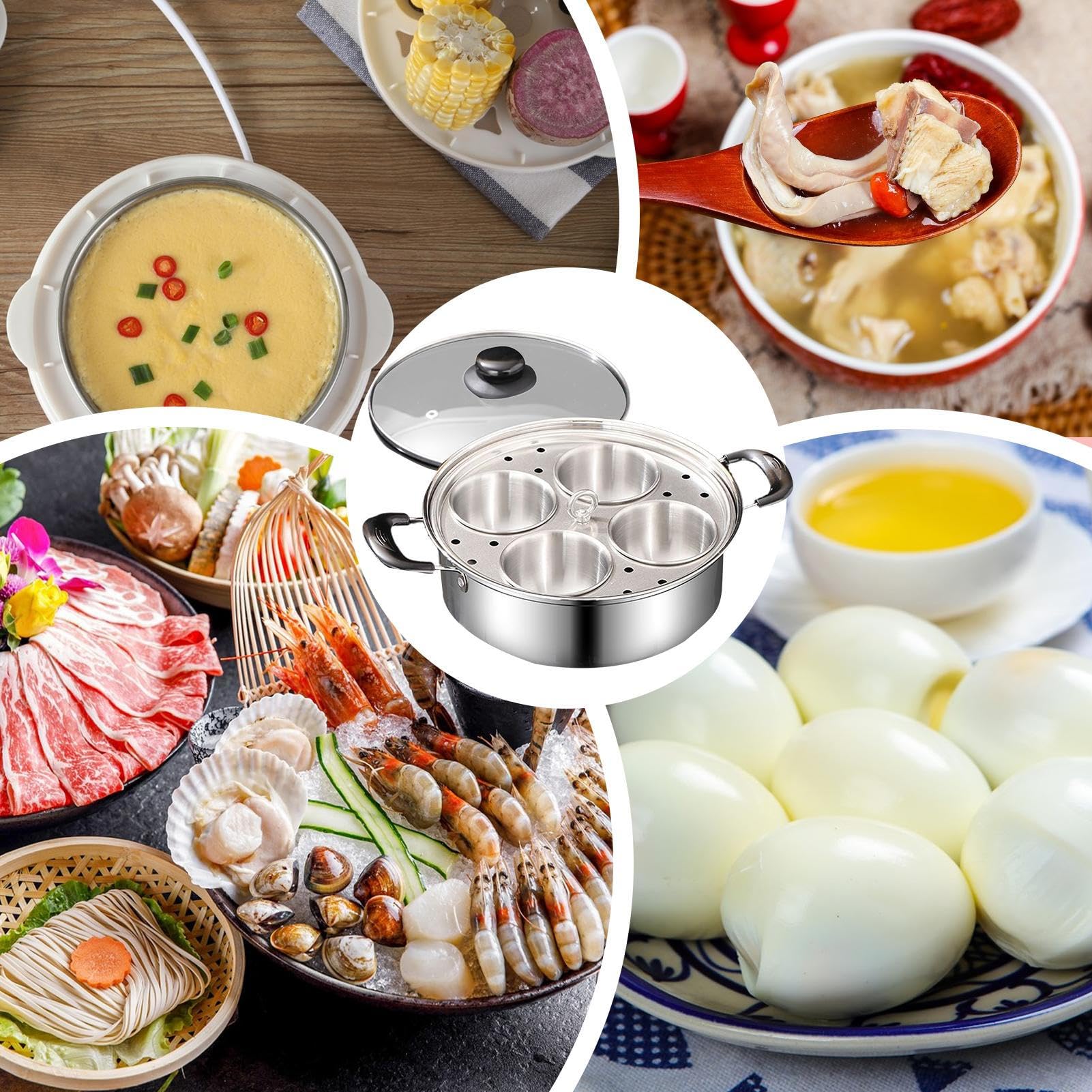 Sartén para escalfar huevos de acero inoxidable, diseño desmontable de 4 rejillas para cocinar huevos al vapor, sopa, olla caliente, cocina de desayuno, adecuada para cocina de inducción y estufa