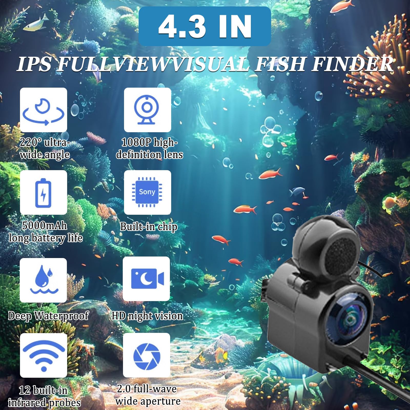 Caméra de pêche sous-marine, étanche IP68 avec écran IPS de 10,9 cm, équipement de détection de poissons HD avec batterie de 5000 mAh, vue à 190° et câble de 30 m pour la pêche sur glace, rivière et