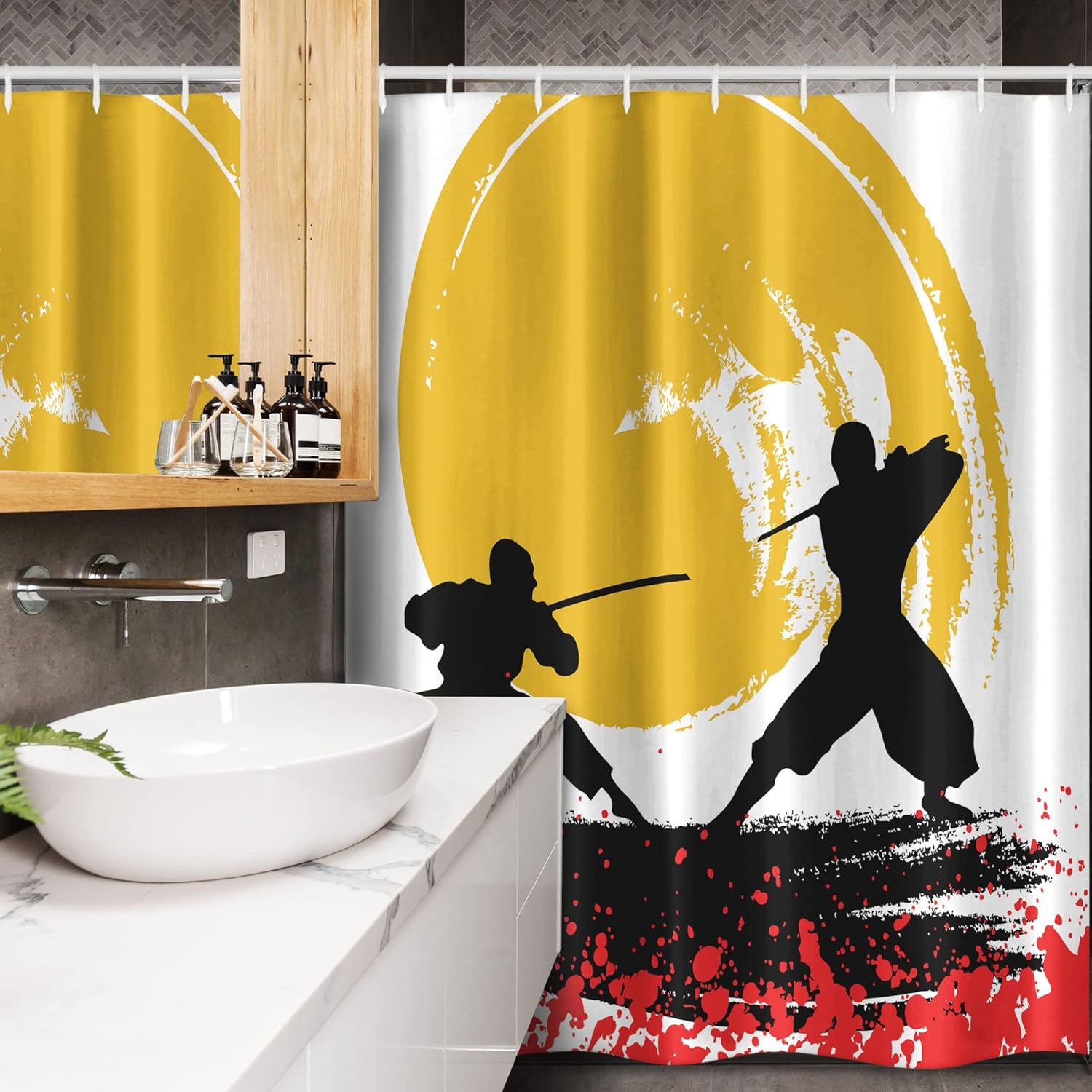 Ambesonne Japanese Stall Shower Curtain, Watercolor Style Silhouette Ninjas in The Moonlight Medieval, Fabric Bathroom Decor Set with Hooks, 54" W x 78" L, Vermilion Mustard