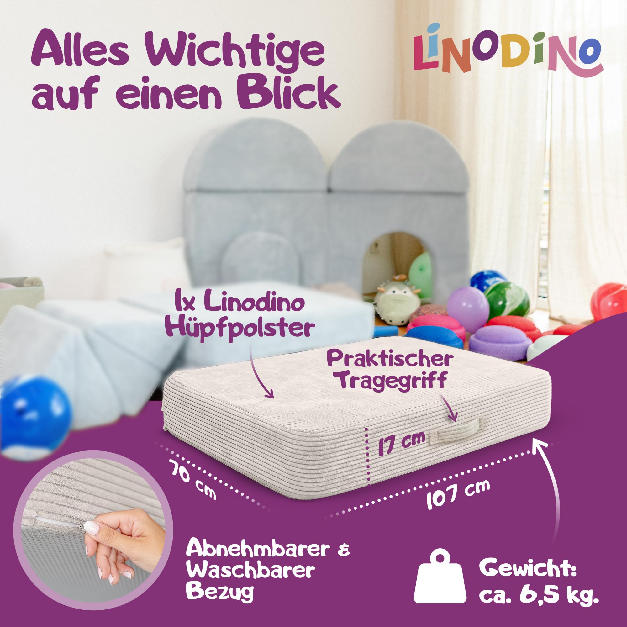 Linodino Hüpfpolster für Kinder 107x70x17cm – Hüpfmatratze Cord-Bezug mit Federkern – Oeko-Tex Standard 100 Zertifiziert & waschbar