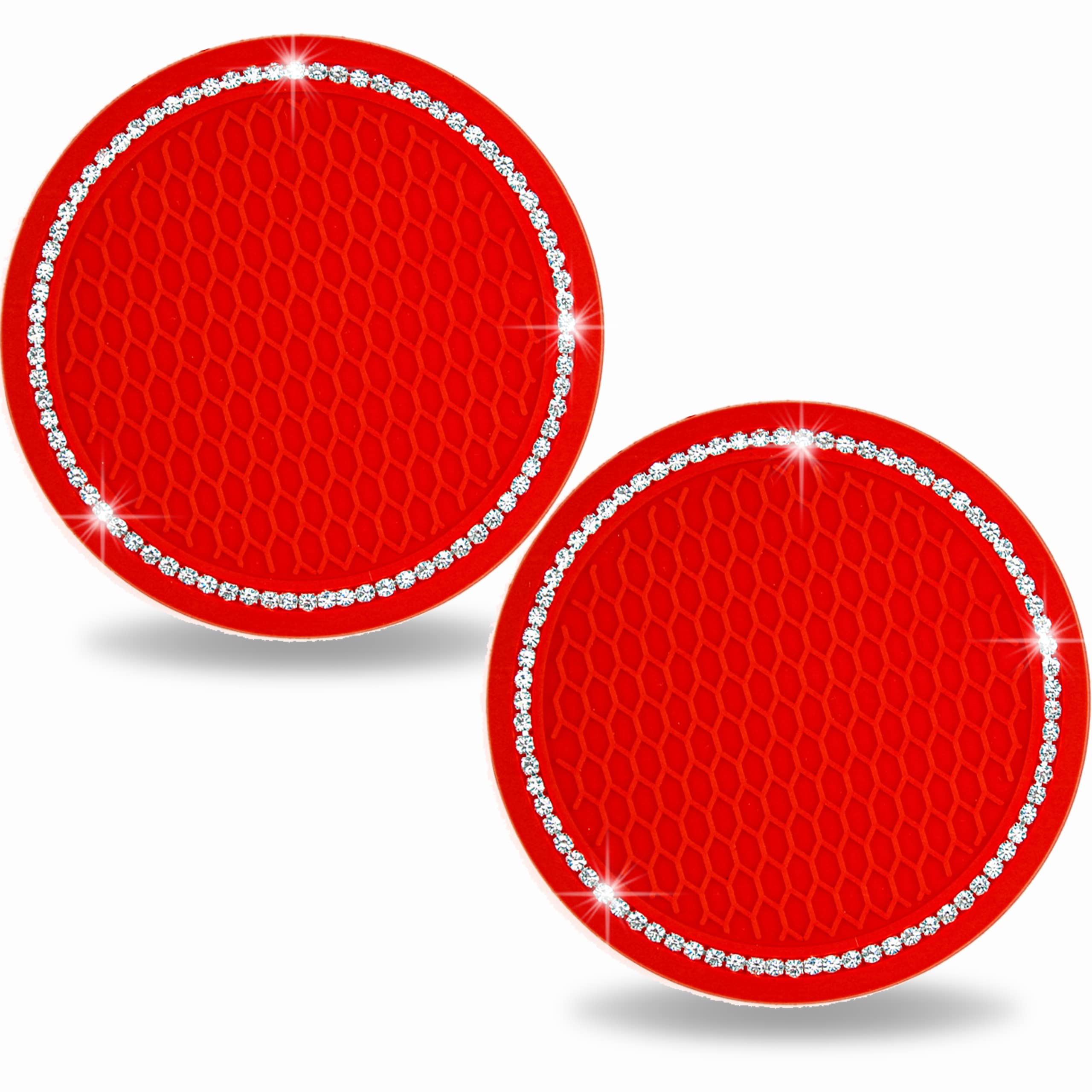 SHENGYAWAUTOCar Cup Holder Coaster, 2 Pack Universal Vehicle Anti Slip Cup Holder Insert Coaster, 2.75 inch Bling Crystal Rhinestone Car Interior Accessories,Red