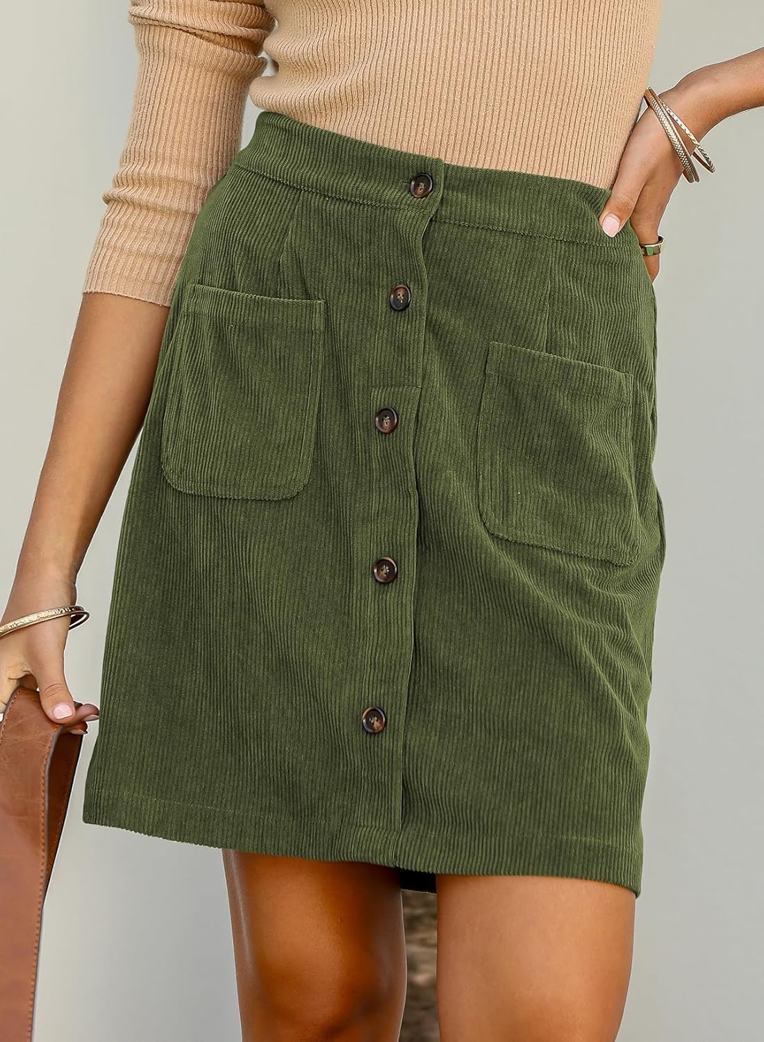 Happy Sailed Womens Corduroy Skirts Fall Winter High Waisted Button Down A-line Short Mini Skirt with Pockets - Image 3