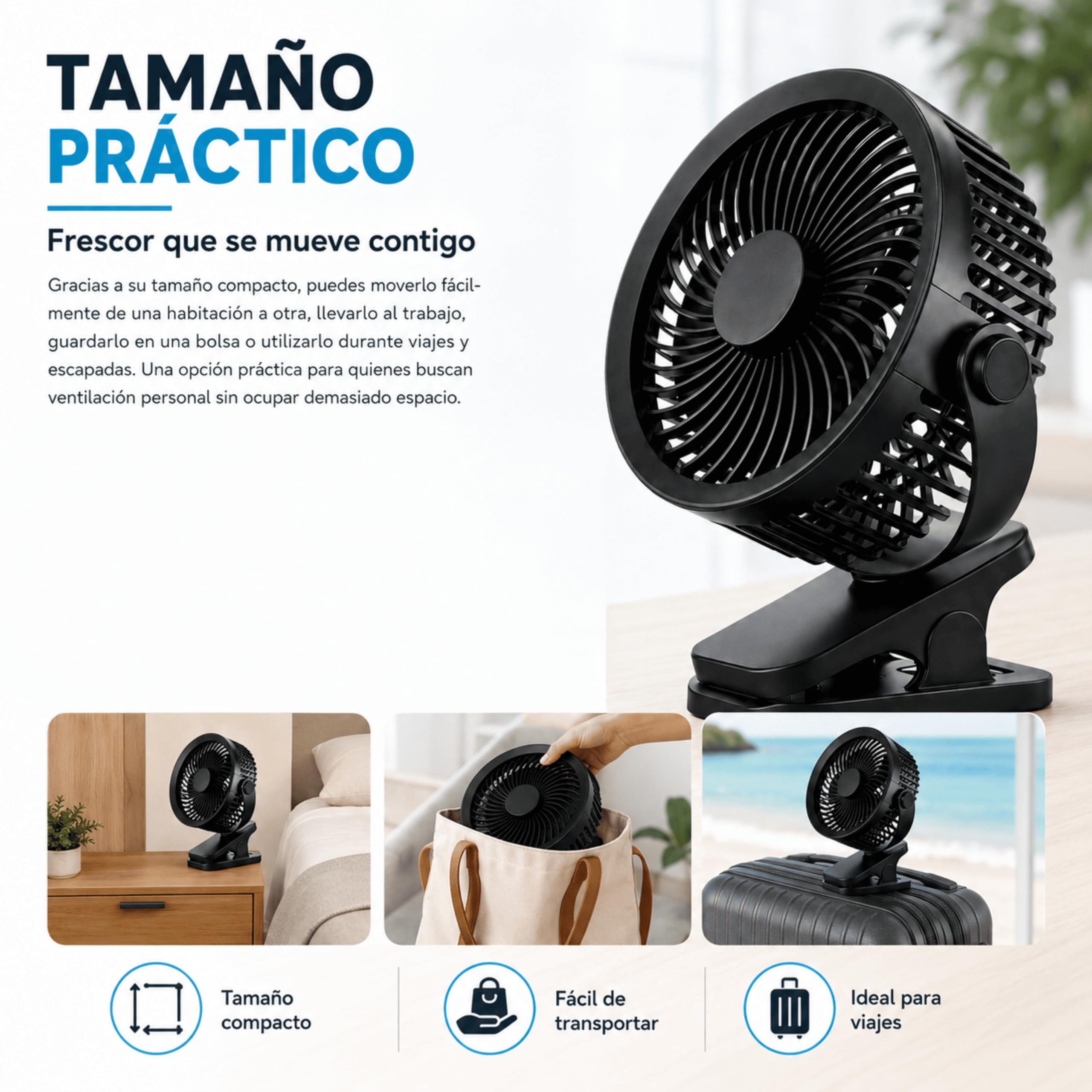 MUNTRADE Pack 5 Ventiladores de Mesa Negro con Clip Recargable USB | 3 Velocidades, Batería 800 mAh, Mini Ventilador Portátil, Escritorio, Oficina, Dormitorio, Viaje y Camping