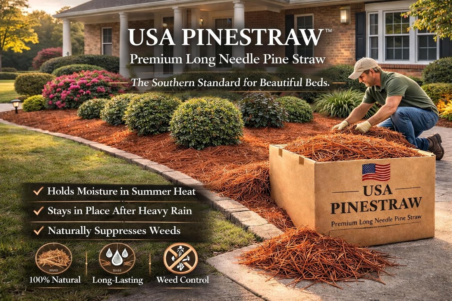 Long Needle Pine Straw Mulch - 240 Sqft Coverage 1 Set - Premium USA Harvested PineStraw for Landscaping, Weed Control, Moisture Retention & Erosion Control - USA Pinestraw