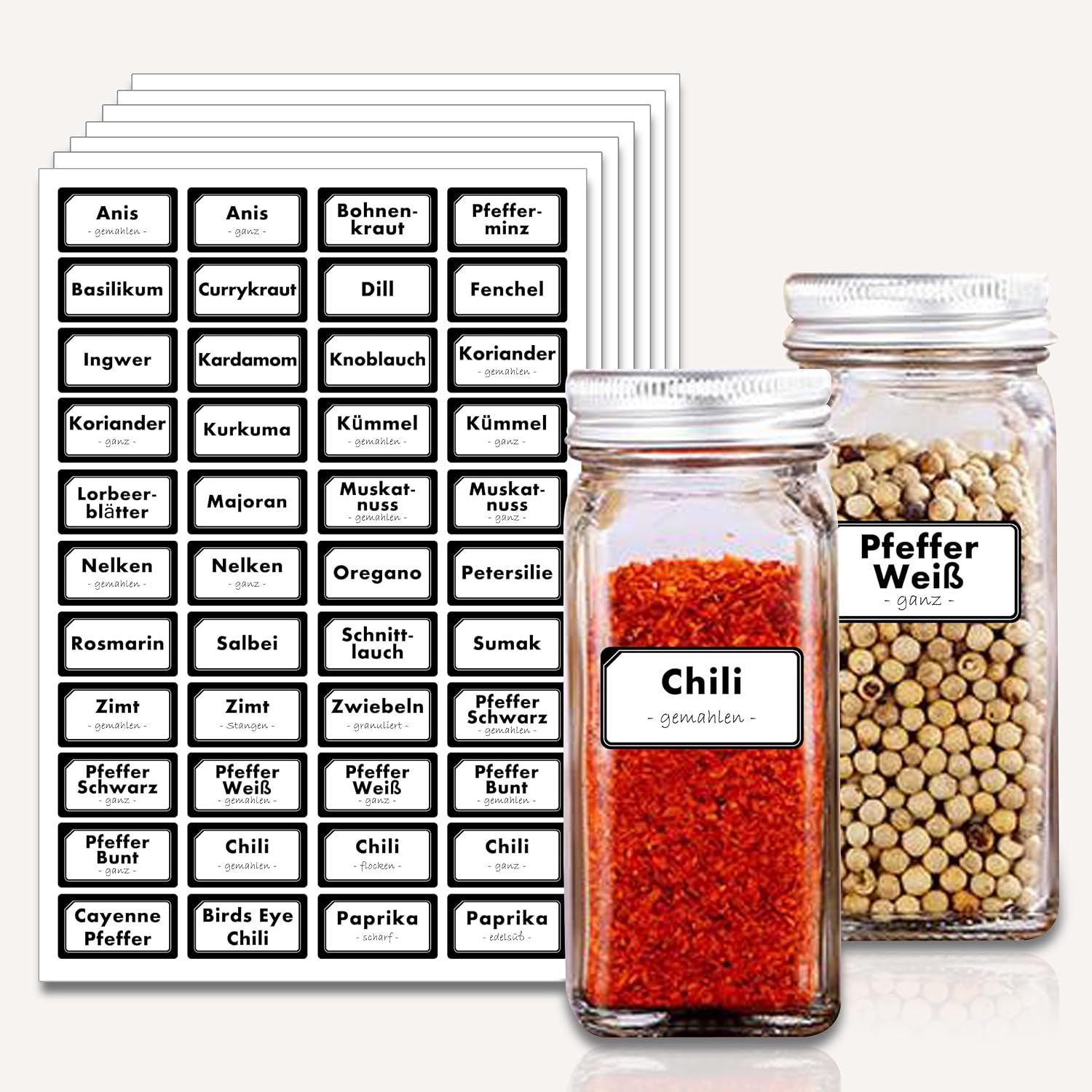 Gewürzetiketten Selbstklebend 308 Stück Gewürze Aufkleber Gewürzgläsern Etiketten Küchenetiketten enthaltet bedruckte Sticker + viele blanko Kleber (Deutsch)