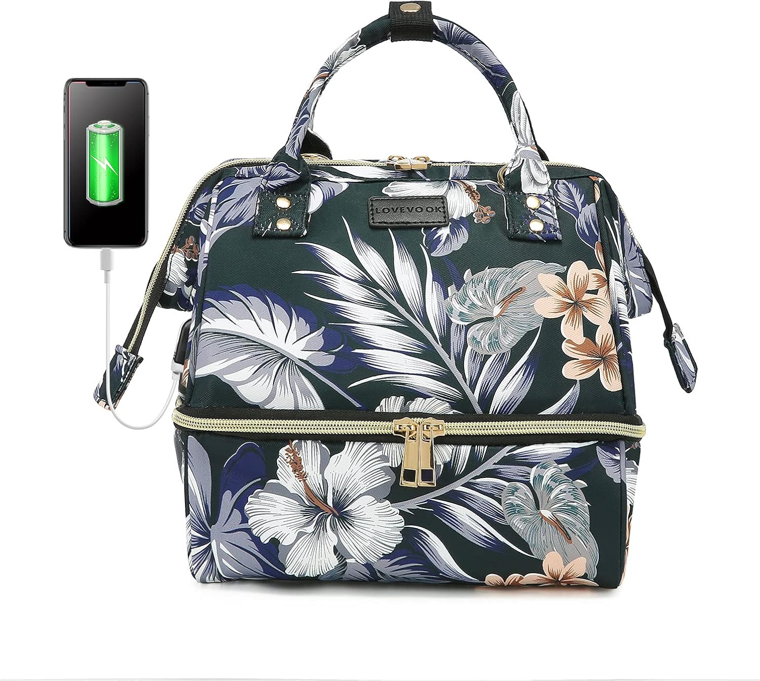 LOVEVOOK Lunch Bags for Women Insulated Lunch Box Cooler Tote Bag with Removable Shoulder Strap, Wide-Open Lunch Organizer Box(Black Lily)