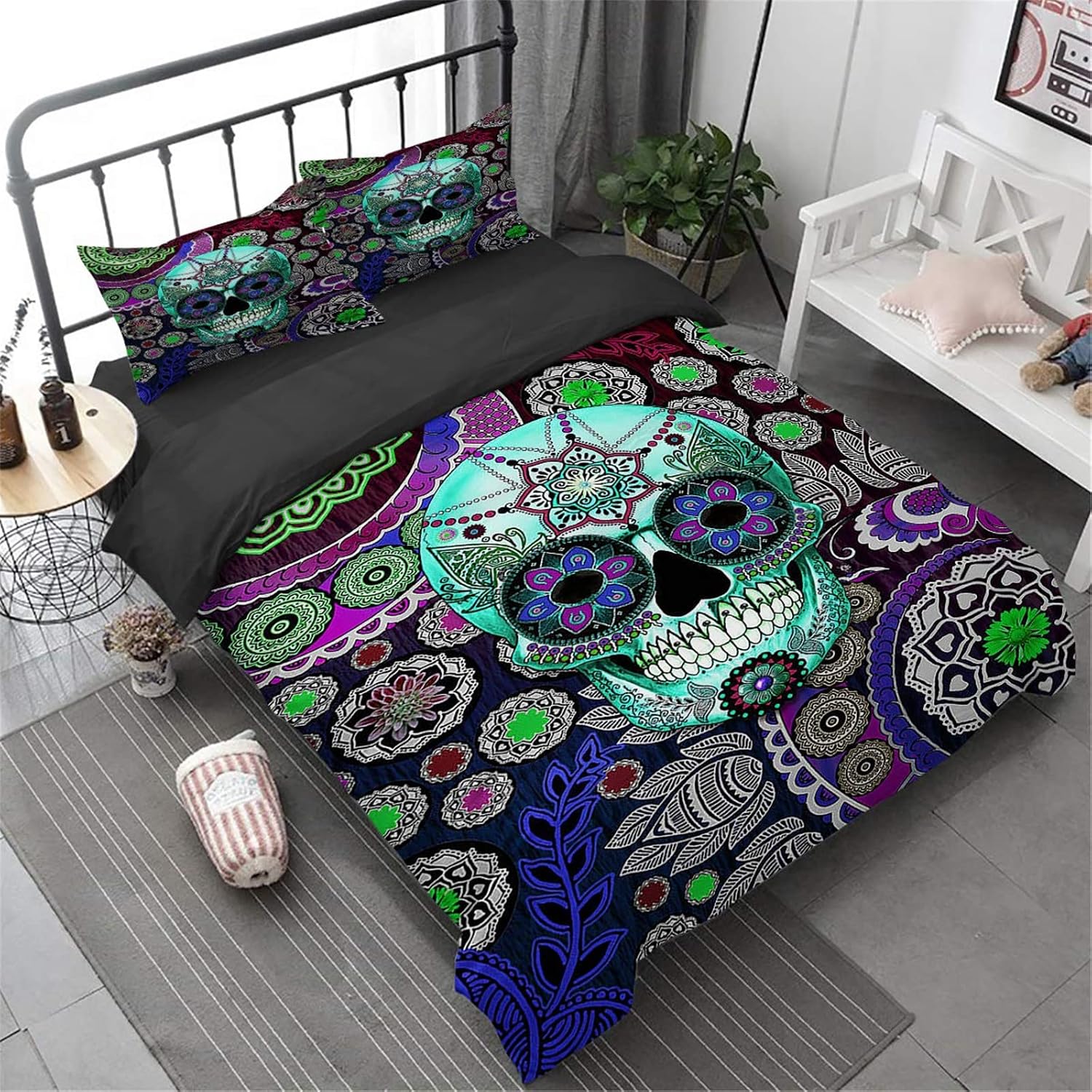 Skull Duvet Cover Set Queen 3 Pieces Comforter Cover Set with 2 Pillowcases Sugar Skull Pattern Bedding Set Bohemia Floral Boho Flowers Quilt Cover Set 90" x 90"(Not Comforter)