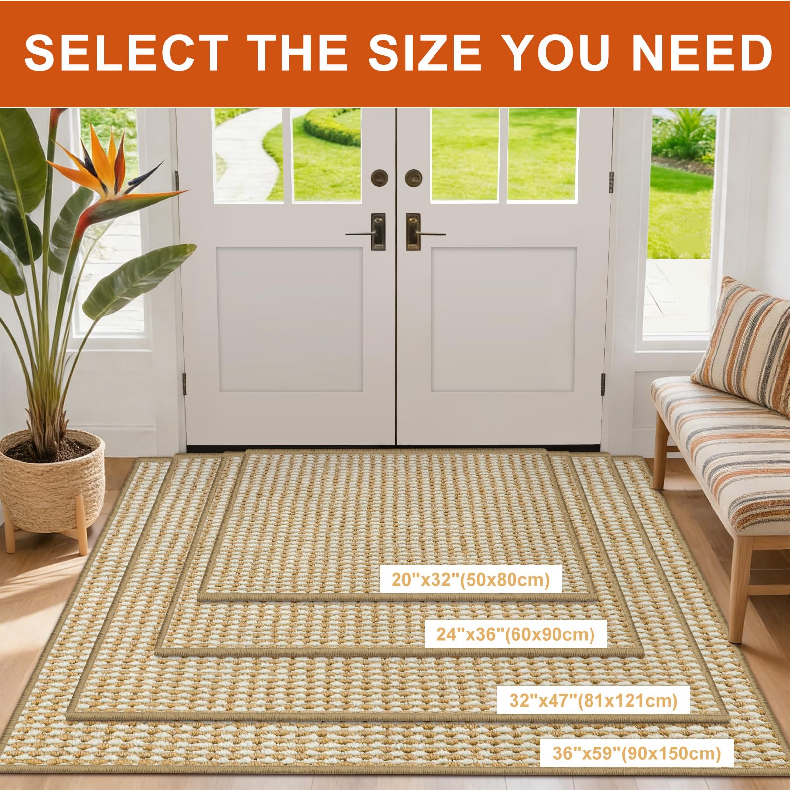 Zerbino per Ingresso 80 x 120 cm, Ultra Sottile Zerbino Interno ed Esterno Assorbente, Lavabile in Lavatrice Tappeto Ingresso Interno Antiscivolo, Tappetino Entrata, Beige Bianco