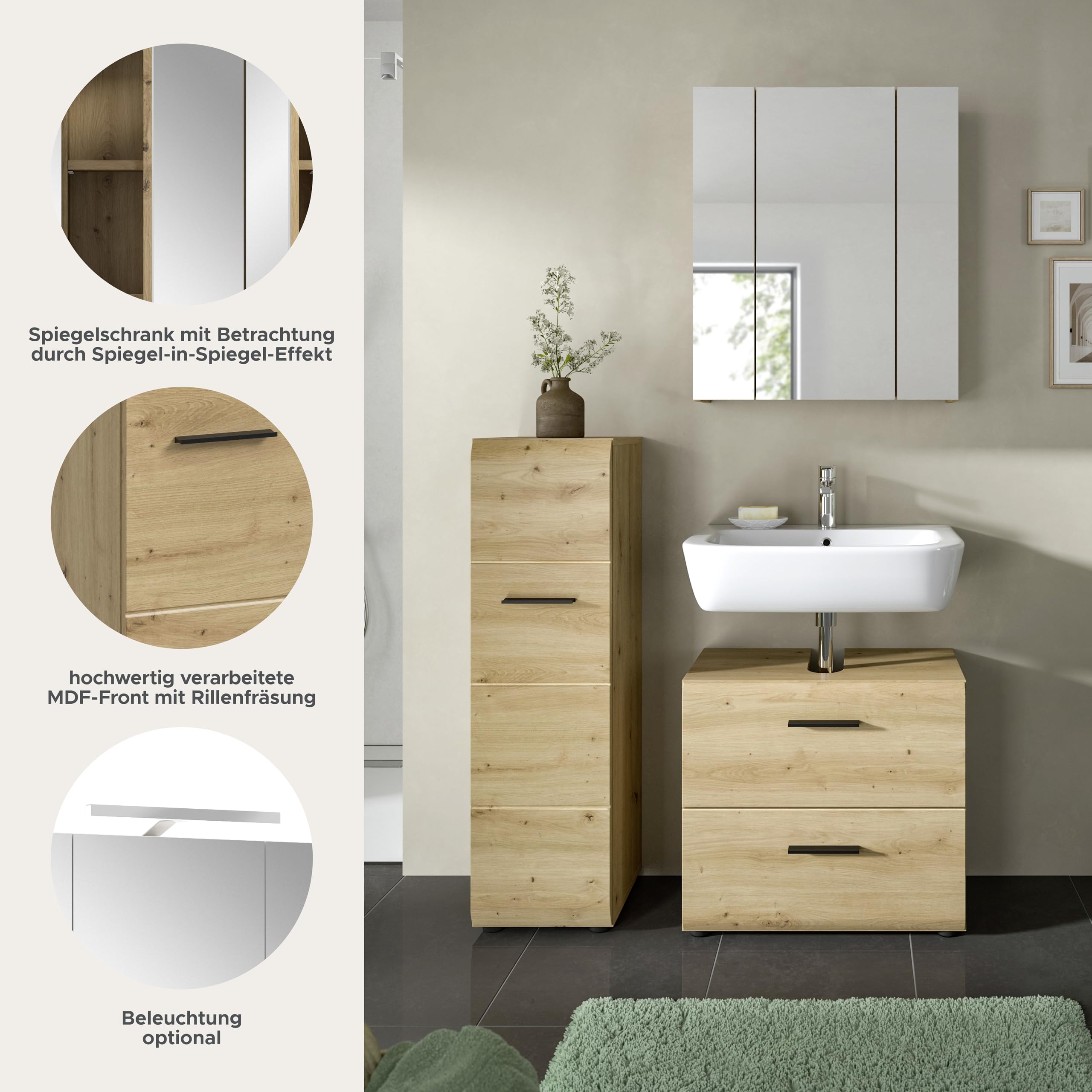 xonox.home – 3 TLG. Badezimmerkombination Ice 105x185x30 cm in Korpus und Front Artisan Oak Nachbildung – Hochwertige Badmöbel-Kombi – modern – Bild 8
