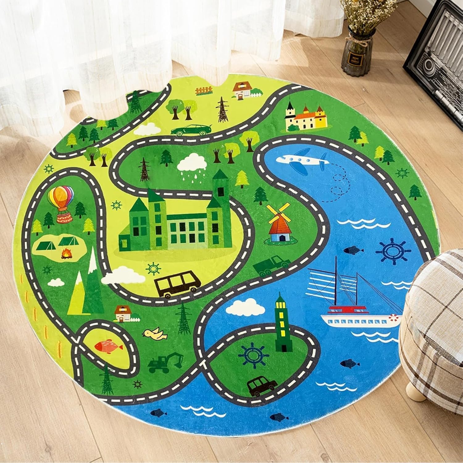 Cartoon Round Area Rugs, 90cm Soft Fluffy Low-Pile Rugs With City Roads, Cars, Airplanes Ships, Country Cabin Town and Camping Circle Rugs, Kids Educational Learning Playmats for Boys and Girls