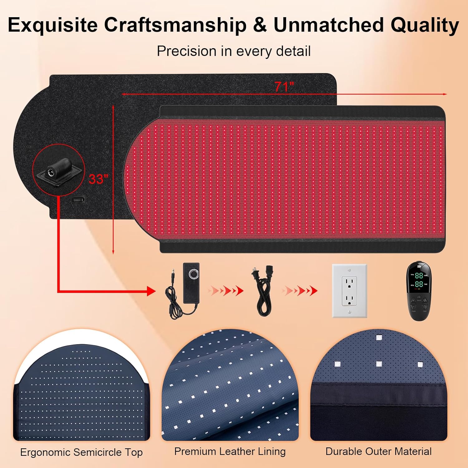 W1370 Full Body Red Light Therapy Mat, 71"x33" Redlight Therapy Blanket with Premium Leather, 1380 LEDs Dual Wavelength 660nm & 850nm Near Infrared Therapy Pad for Home Use