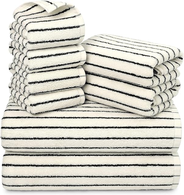 Jacquotha 8 Ensemble de serviettes noir et blanc, super doux & Serviettes de bain à rayures en coton absorbant, 2 Bain, 2 Une main, 4 Vaisselle