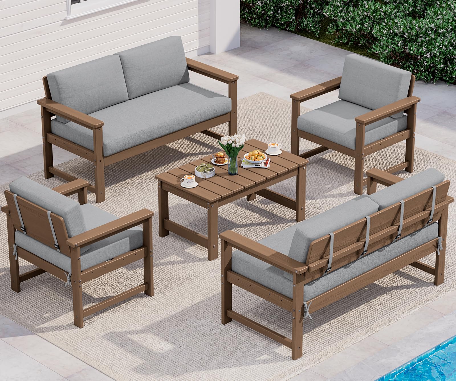 SERWALL 5 Pieces HDPE Outdoor Conversation Sofa Set with Cushion