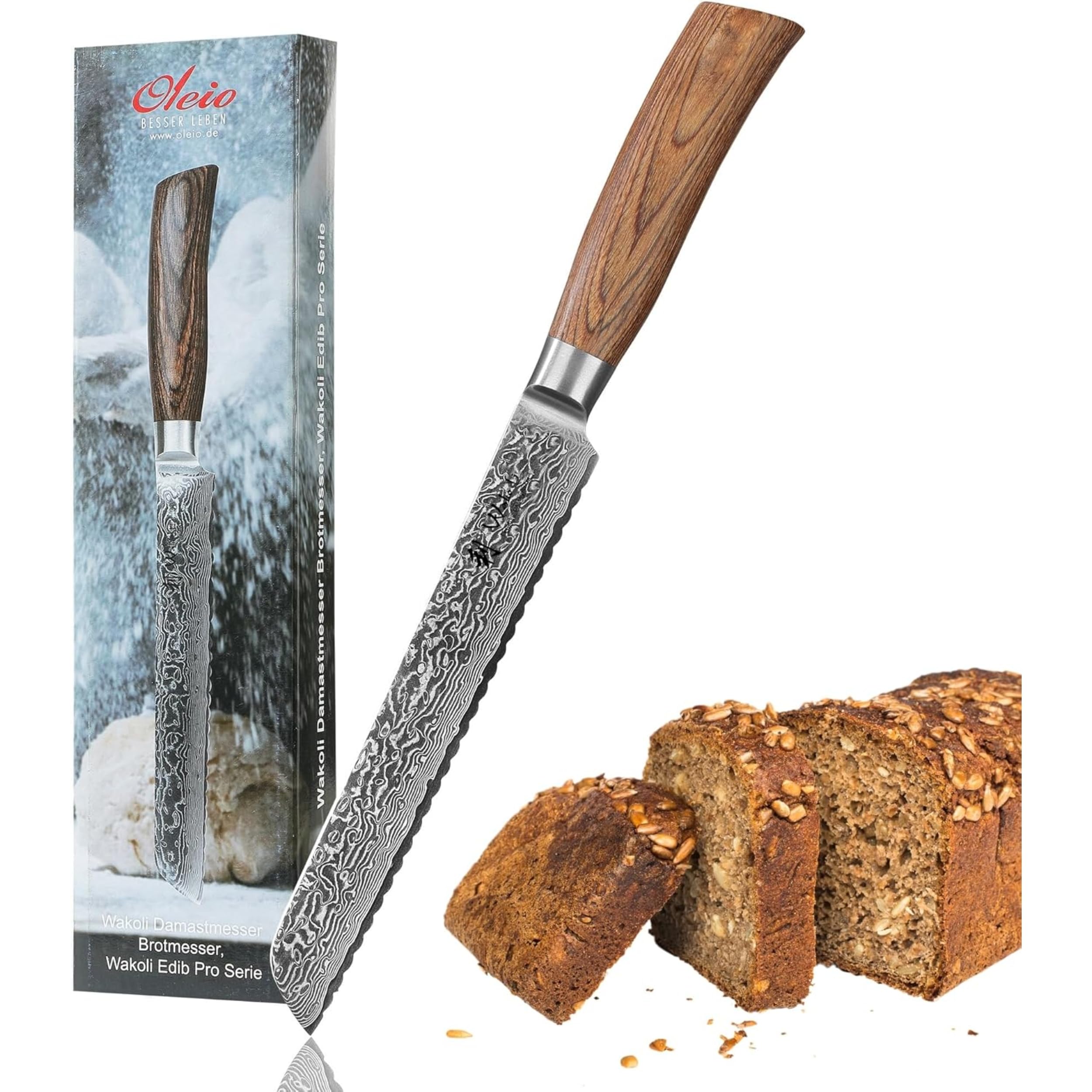 Wakoli EDIB Pro Brotmesser, 20 cm Klinge aus Damaststahl mit VG10 Kern | Wellenschliff für Brot, Brötchen, Baguette und Kuchen; 67 Lagen, 60 ± 2 HRC, 34 cm Gesamtlänge, Pakkaholzgriff, Geschenkbox