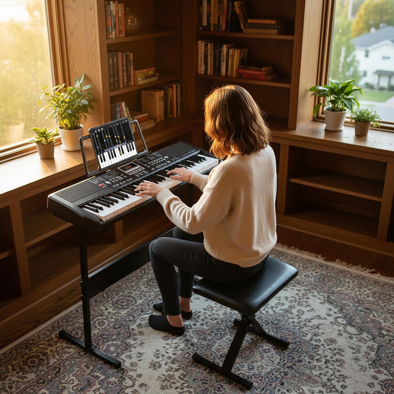 Diagram showing the dimensions of the keyboard, adjustable stand, and stool.