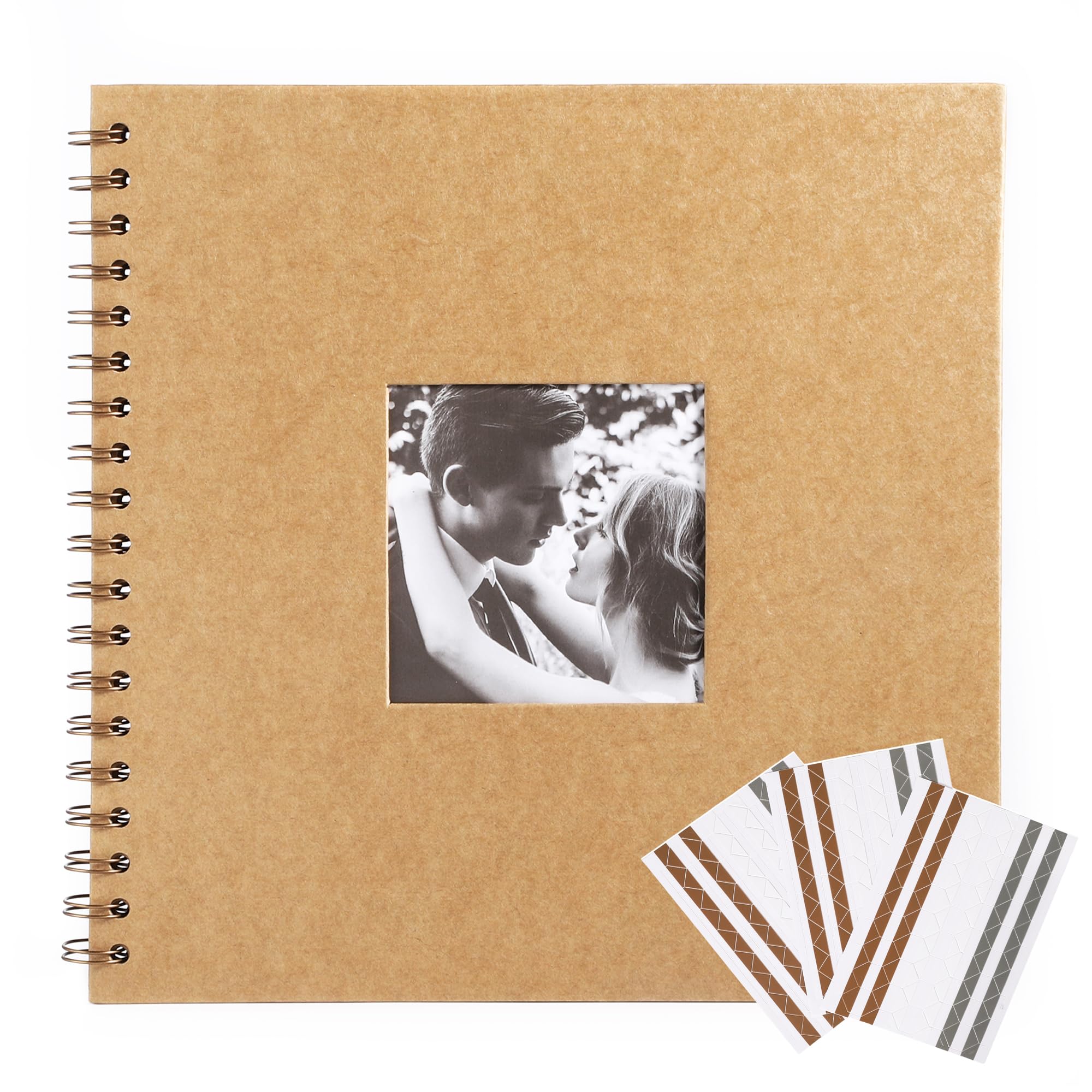 Scrapbook 25.4 cm x 25.4 cm DIY Quadratisches Fotofenster + 3 Eckaufkleber Fotoalbum Hardcover Kraftpapier Braun 40 Blatt/80 Seiten