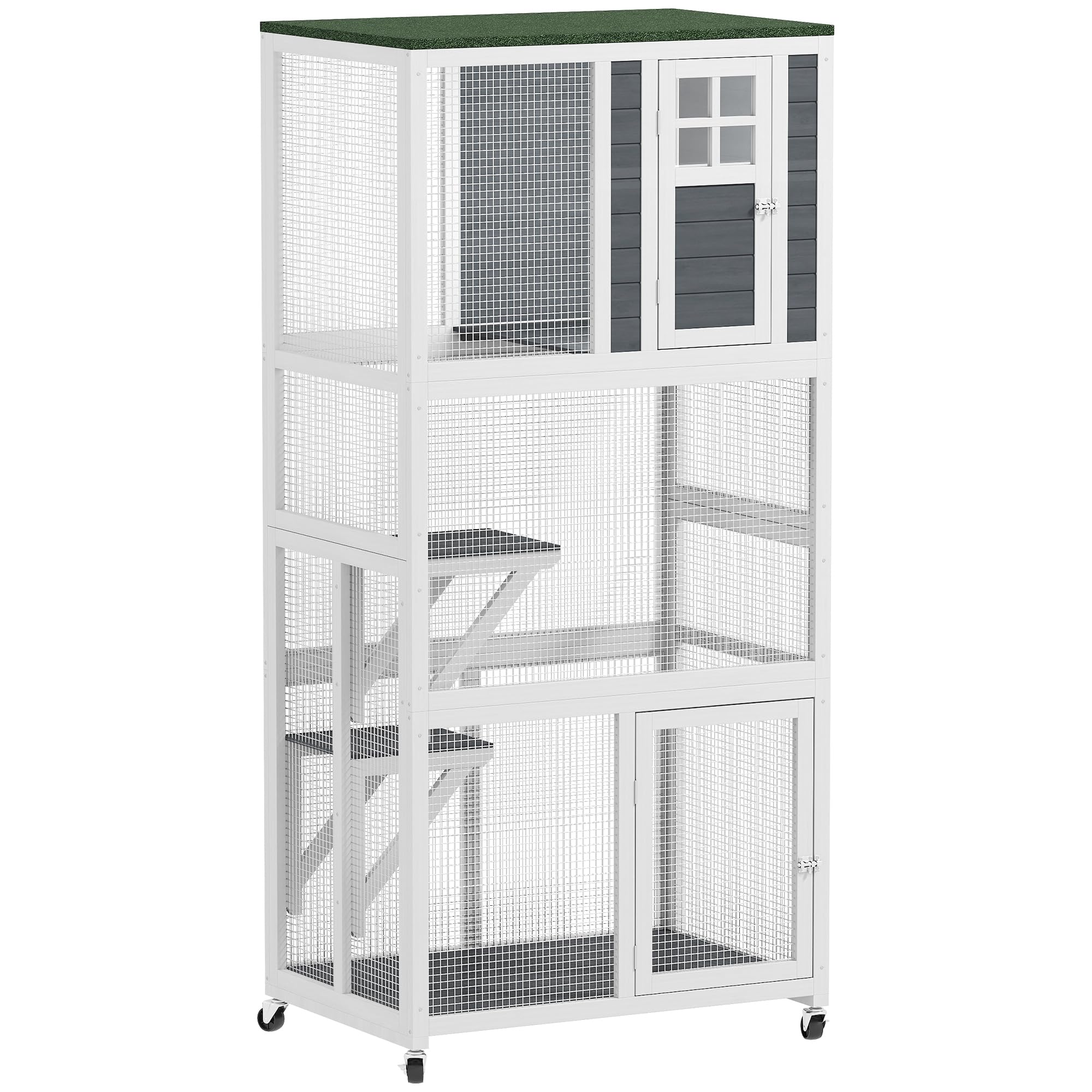 PawHut Wooden Catio, Indoor Outdoor Cat Enclosure with Weatherproof Asphalt Roof, Platforms and Brake Wheels for Multiple Cats, 92 x 65W x 189 cm, White