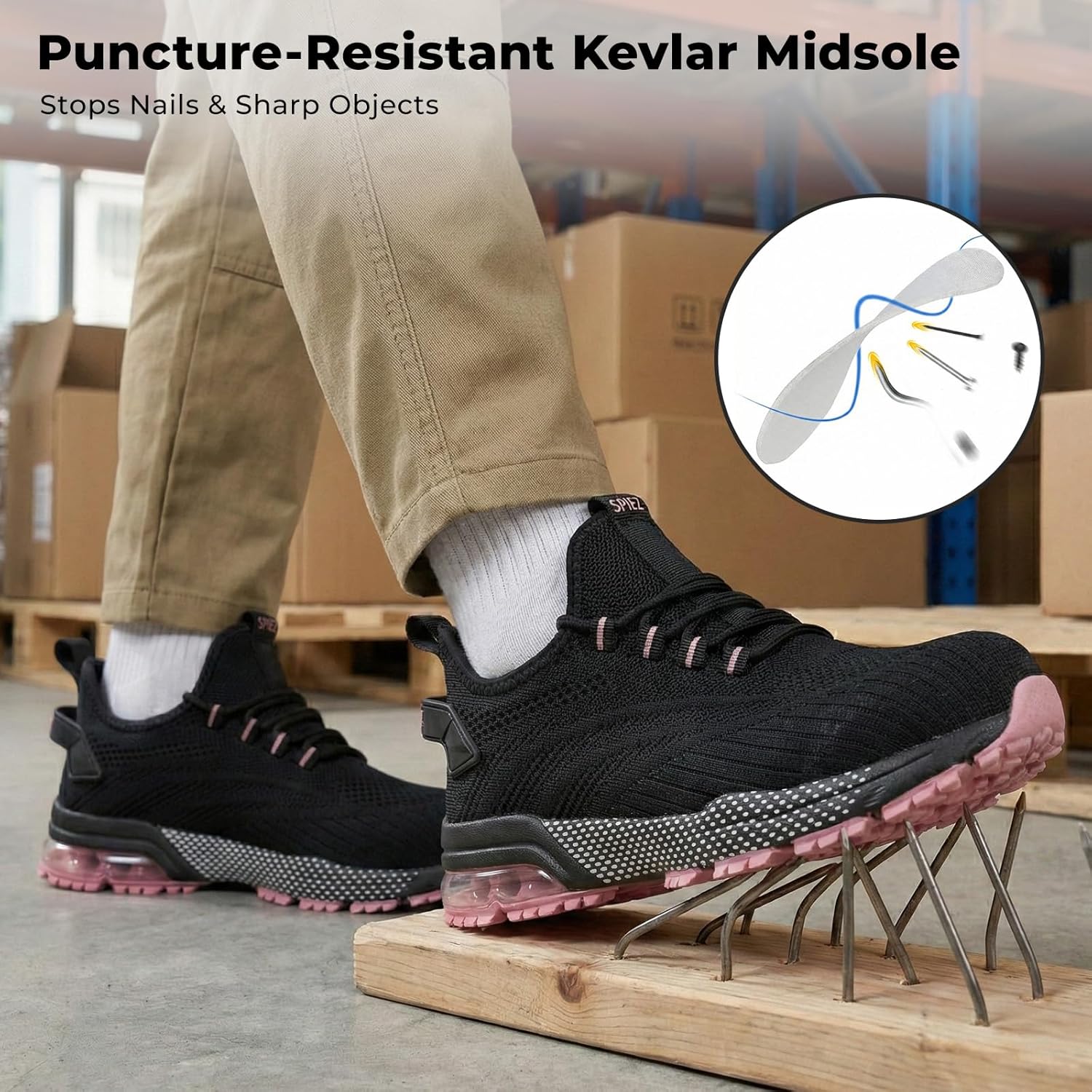 SPIEZ Safety Shoes for Women, Composite Toe Work Shoes with Air Cushioned Comfort, Lightweight Puncture Proof Safety Sneakers for Work and Daily Wear, Black Pink/Purple US4.5–10 - Image 5