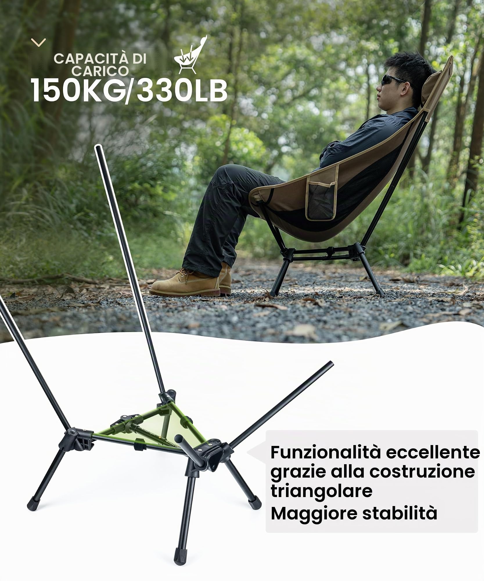 OneTigris TIGERBLADE Sedia da Campeggio Pieghevole con Schienale Alto, 170 kg, Leggera, con Telaio Triangolare e 2 Tasche Laterali