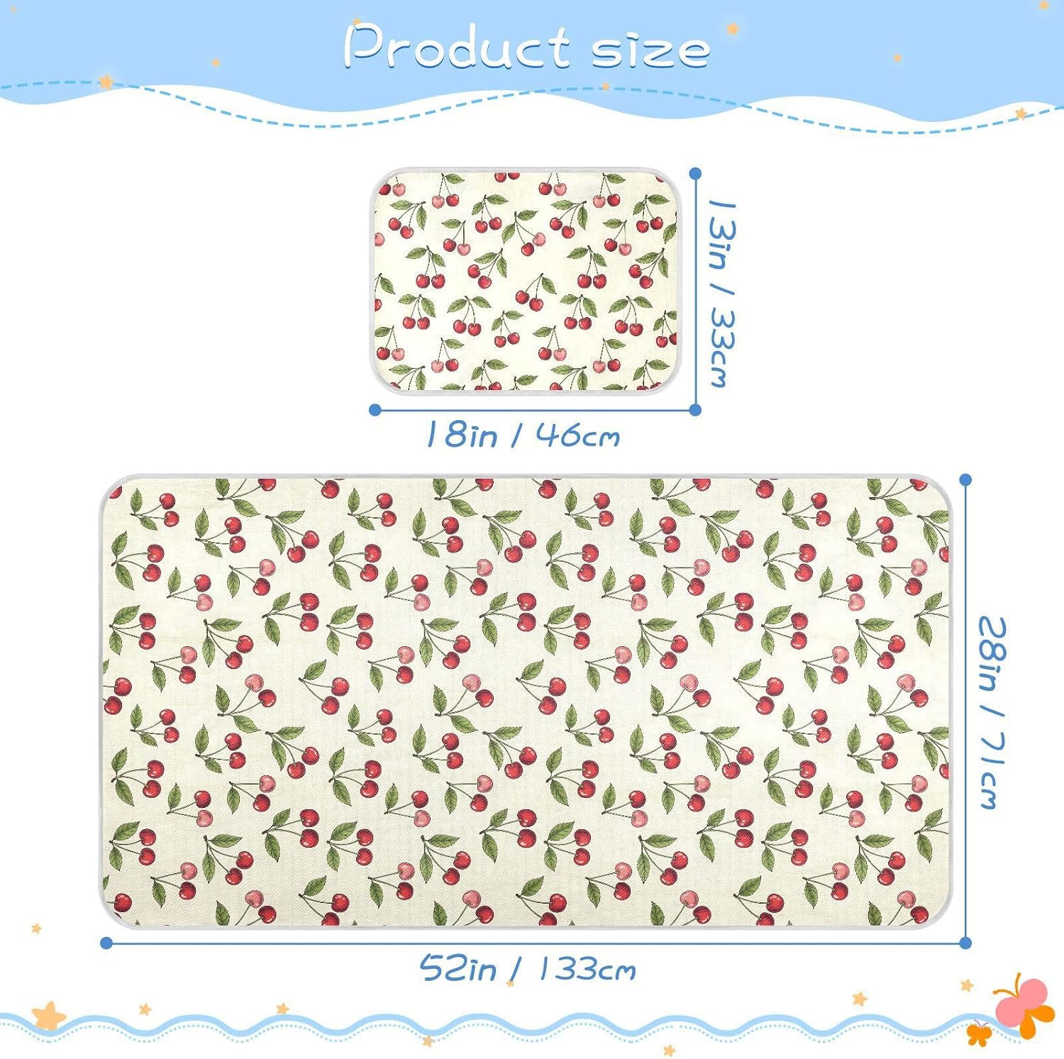 Baby Cooling Mat Hand-Drawn Cherry Ice Silk Breathable Mesh Summer Crib Mattress Pad with Pillowcase, Soft Cooling Sleeping Surface for Infant & Toddler, 52"x28"