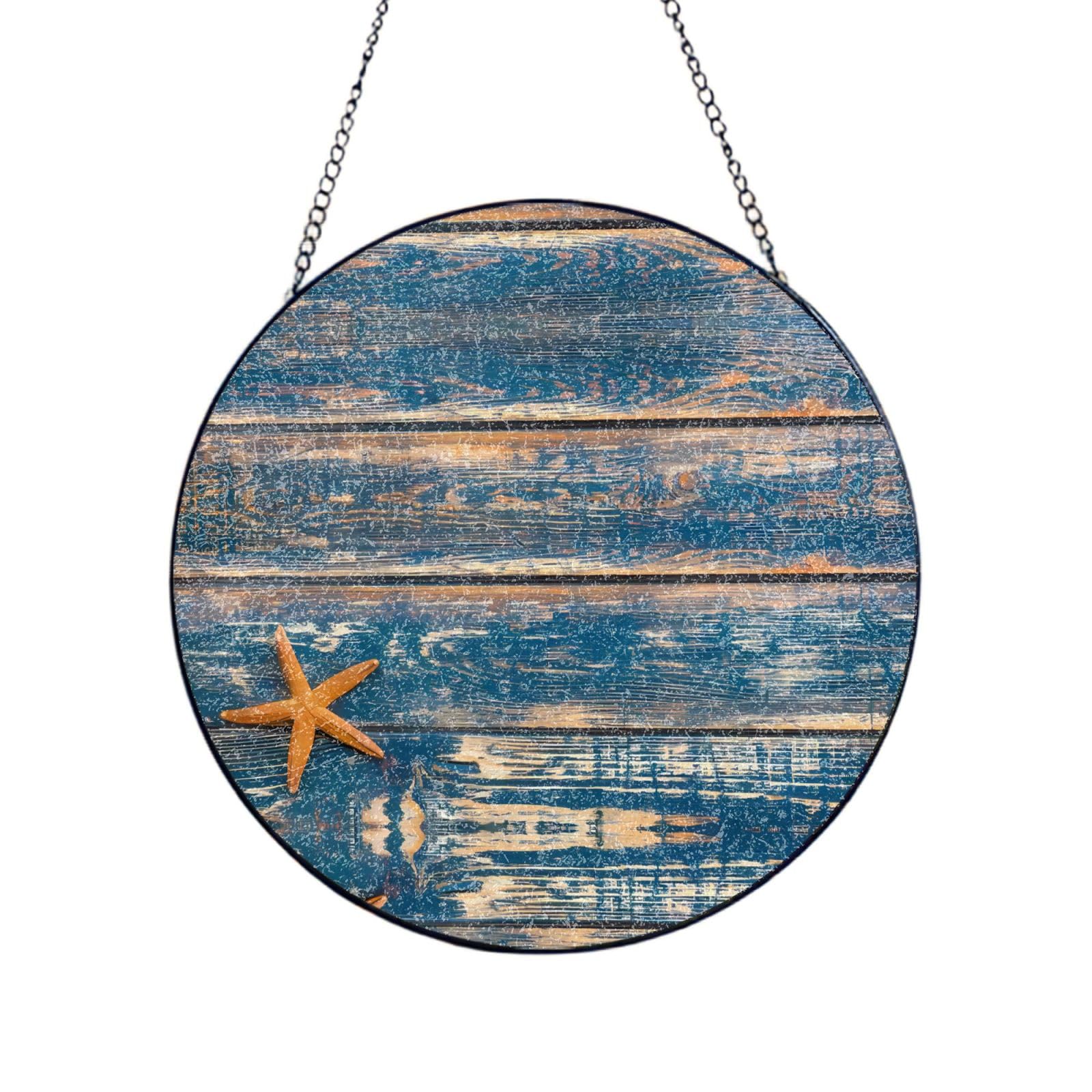 Phayah Old Wooden Starfish Summer Print Glass Window Hanging Round Suncatcher Glass Ornament Garden Wall Fence Decorations Indoor Outdoor 10in（25cm）