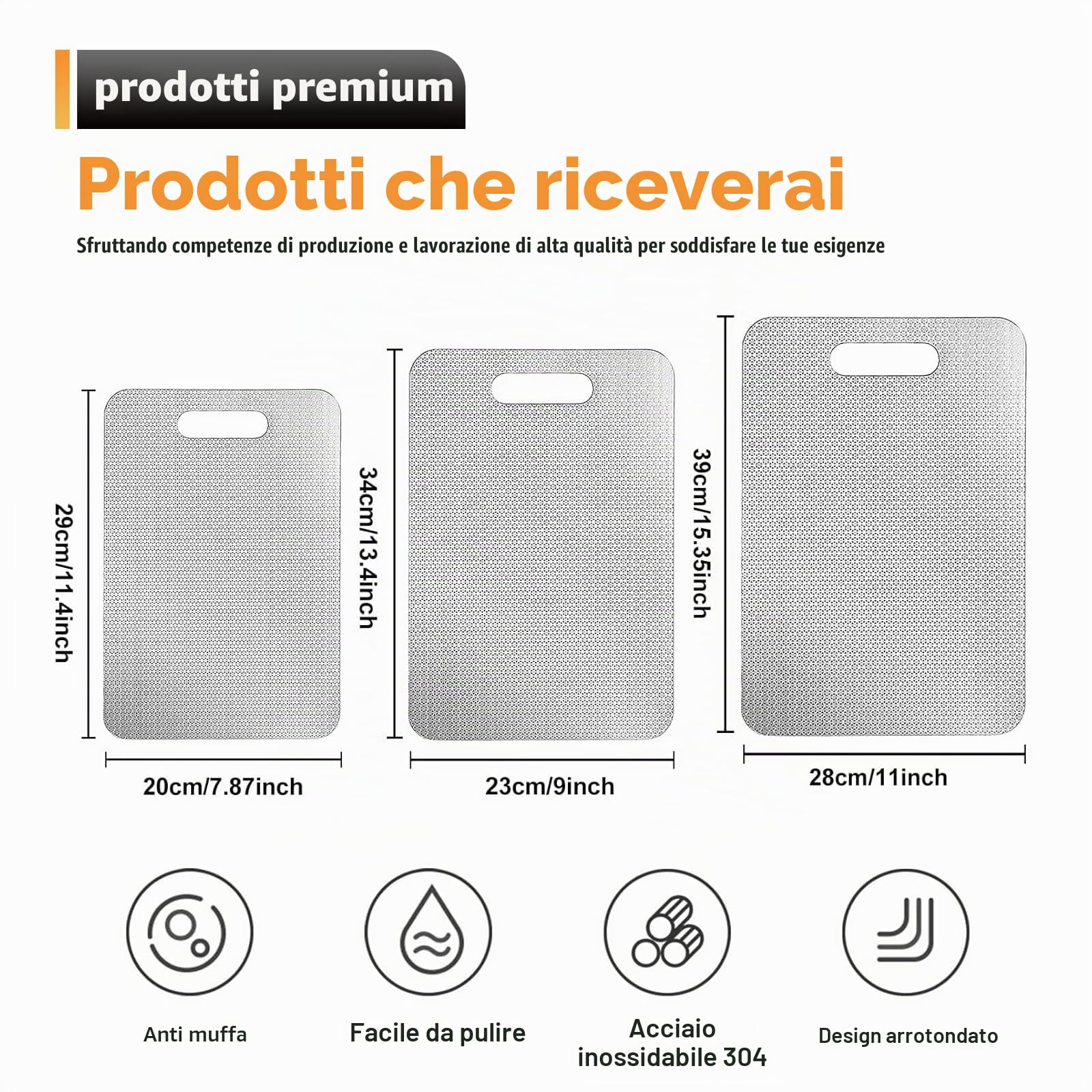 GOMETY Set di 3 taglieri acciaio inox 316, tagliere acciaio inox alimentare doppia faccia, resistente ai graffi, tagliere da cucina acciaio inox antiscivolo, durevole e tagliere acciaio inox senza BPA