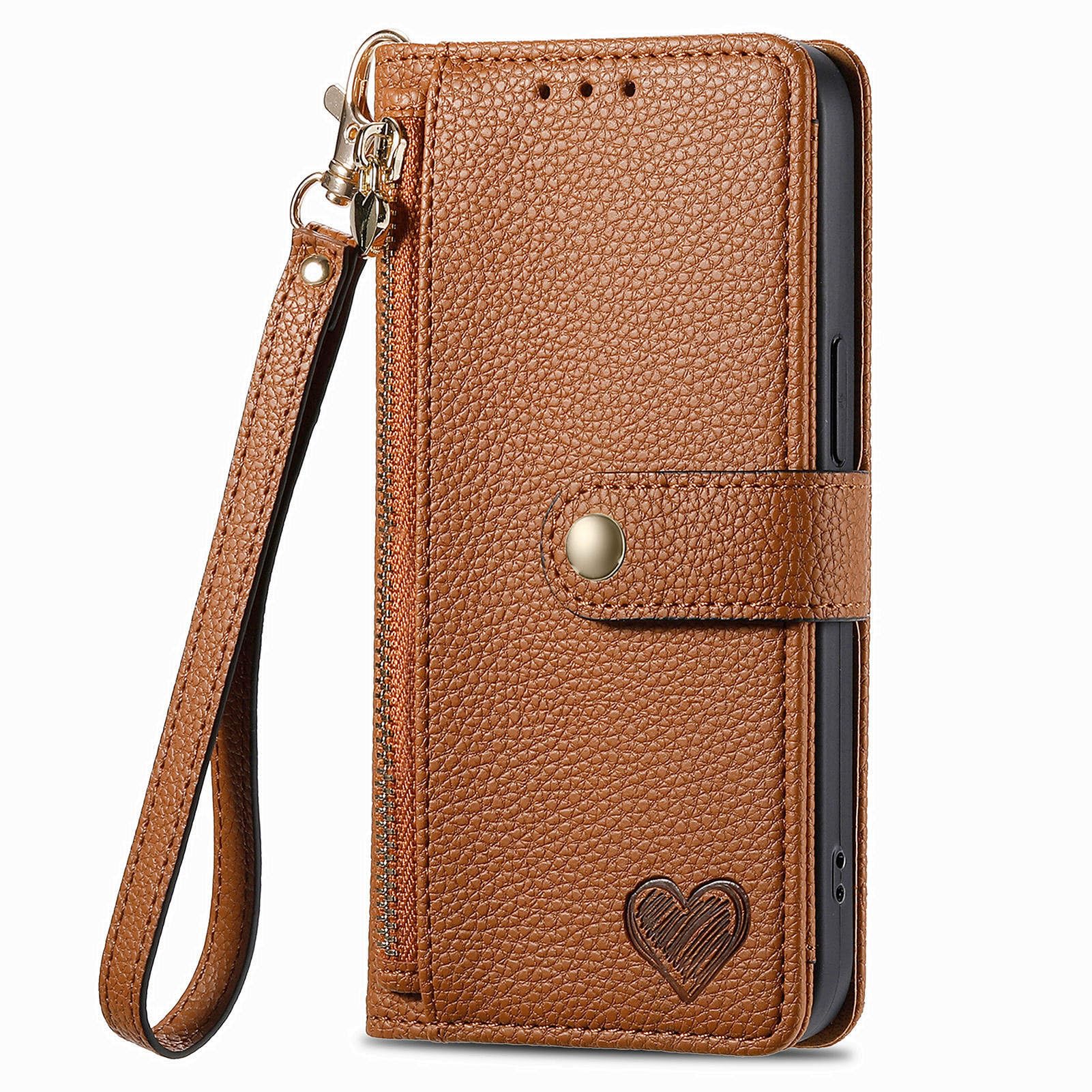 XYX Wallet Case for Google Pixel 8 Pro, RFID Blocking Crossbody Chain Zipper Purse Wrist Strap Love Heart Leather Case with 7 Card Holder for Pixel 8 Pro, Brown