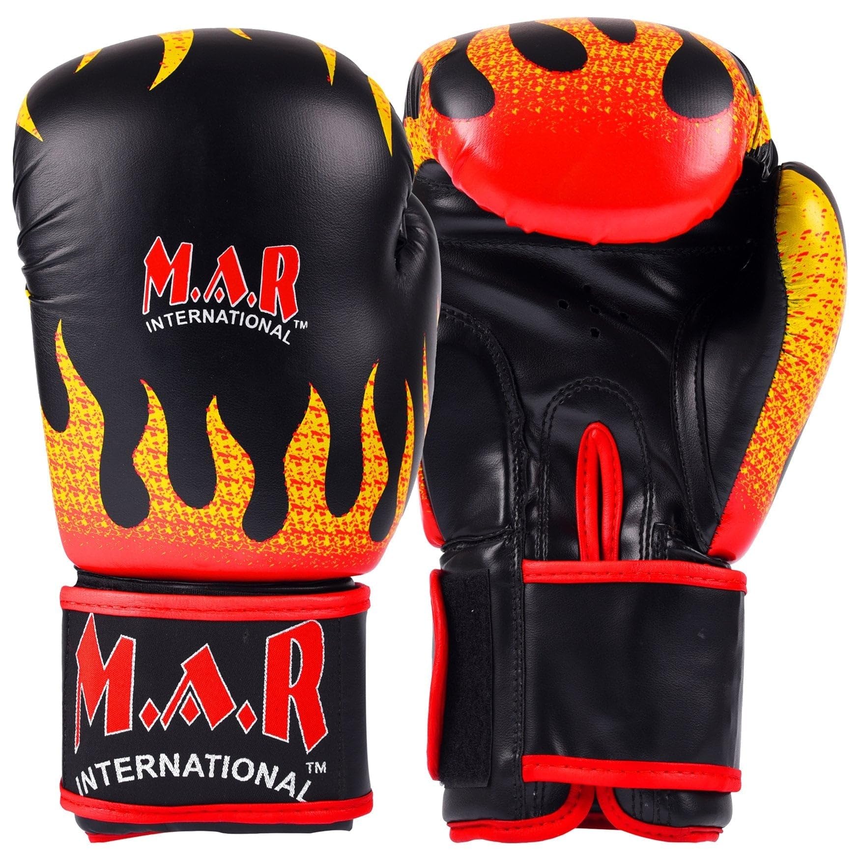 Boxing & Kickboxing Gloves, for Men Women & Kids Faux Leather Thumb Lock Sparring Training Bag Work Gloves MMA, Muay Thai, Martial Arts Breathable & Durable Fire Flames Print Design Black Red 8oz