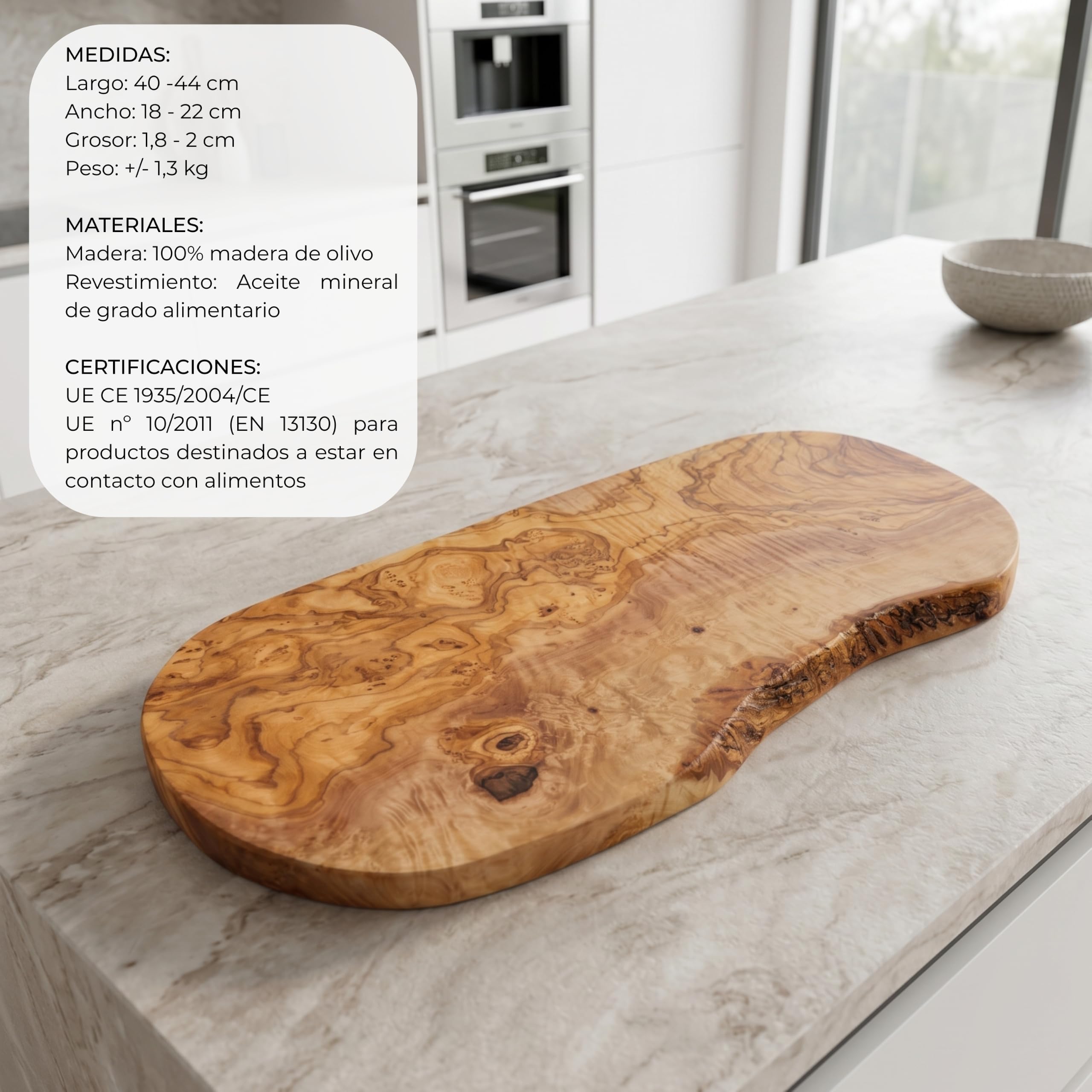 Erreke Tabla de Madera de Olivo Natural para Cortar y Servir, 43 x 21 cm | Tabla Madera Cocina. Reversible y Artesanal para Servir y Picar Quesos Embutidos Pan. Estilo Mediterráneo Rústico. Uso Diario