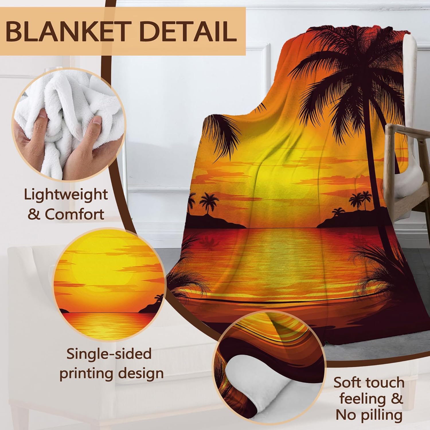 Palm Tree Sofa Throw Blankets,Beach Sunset Soft Cozy Fuzzy Lightweight Travel Blanket,Flannel Fleece Fall Throw Blanket for Couch,Bed,Camping,Movie Nights,Watching TV 60 X 80 Inch