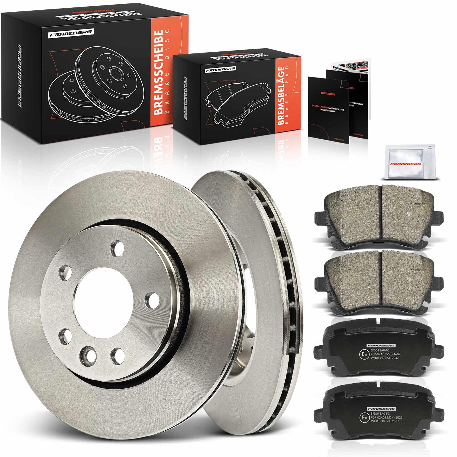 Frankberg 2x Bremsscheiben + 4x Bremsbeläge Hinten 7H0698451C | Kompatibel mit Transporter V Kasten 7EA 7EH 7HA 7HH,Transporter V Bus 7EB 7EJ 7HB 7HJ,Transporter VI Kasten SGA SGH SHA SHH