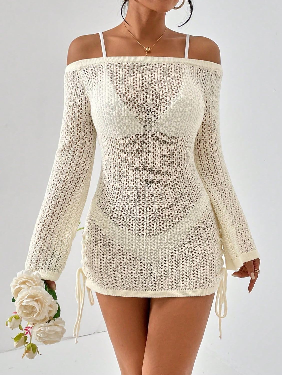 SISKIN Women's Bathing Suit Beach Cover Up Crochet Knit Tops Mesh Hollow Out Dress Drawstring Without Sexy Bikini - Image 4