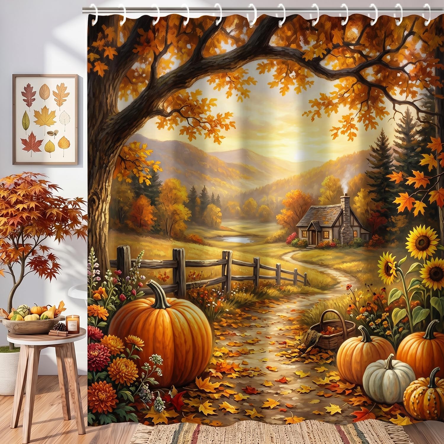 Fall Shower Curtain Fabric, Forest Path Pumpkin Autumn Landscape Shower Curtain Set with 12 Hooks, Machine Washable Farmhouse Fall Shower Curtains for Bathroom Decor, 72x72 Inch