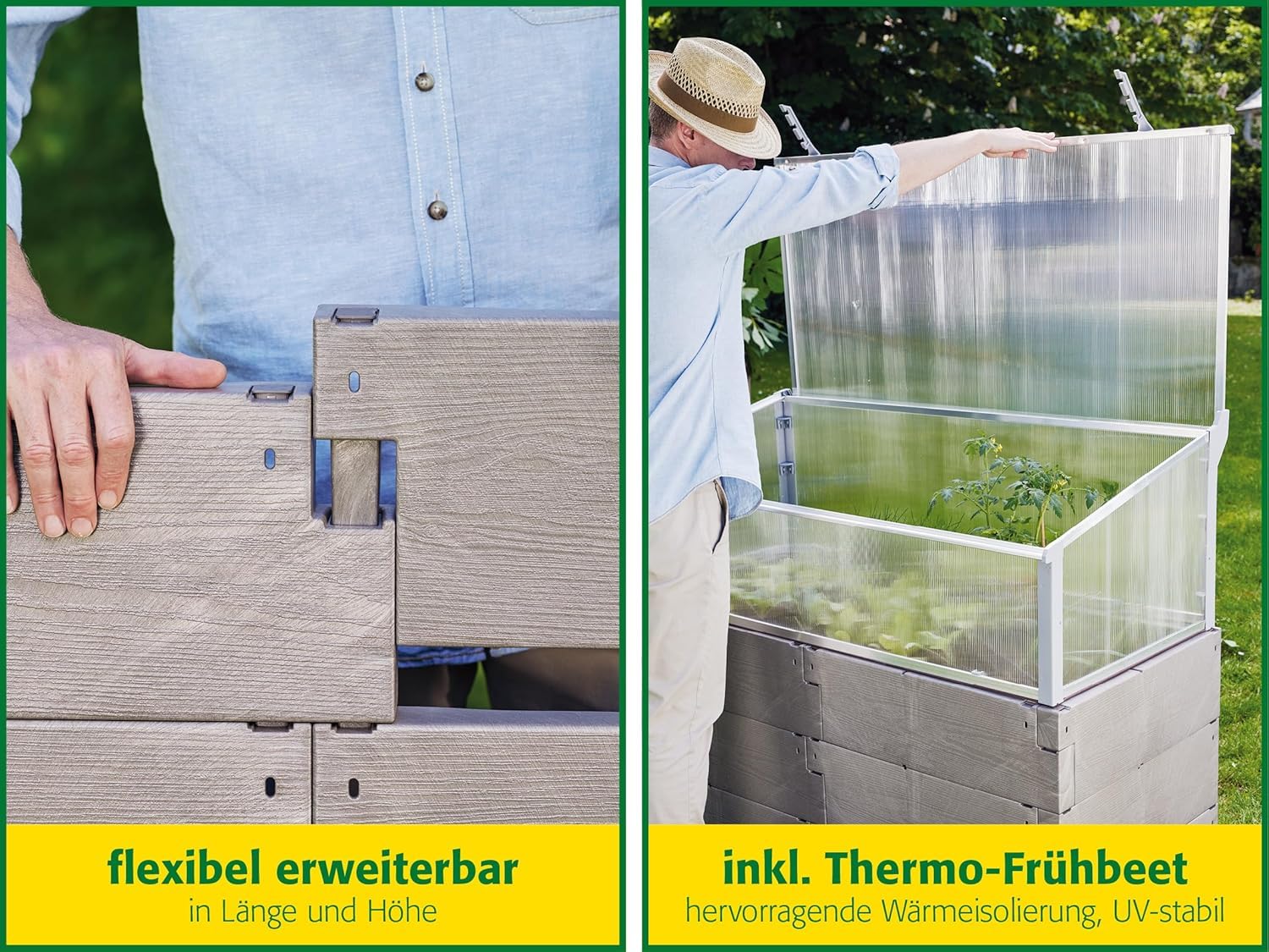 JUWEL Timber Kombi-Set (Hochbeet inkl. Frühbeet-Aufsatz, 130x60 cm/Höhe 90/100 cm, Inhalt ca. 360l, hohe Wärmeisolierung, Fensterlüfter windgesichert) 20478, Nordic Wood