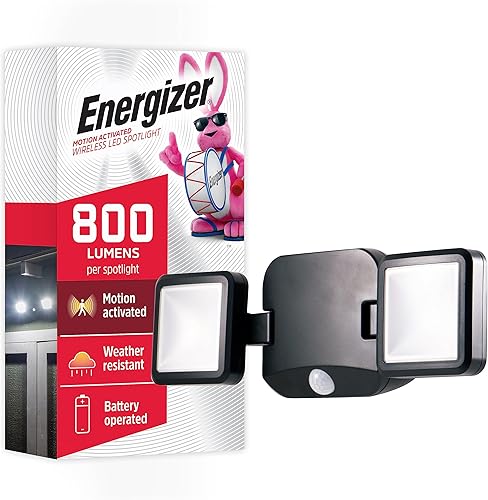 Energizer Luz de inundación LED para exteriores, luz de seguridad, 2 cabezales, inalámbrica, funciona con pilas, 800 lúmenes, gira y gira,