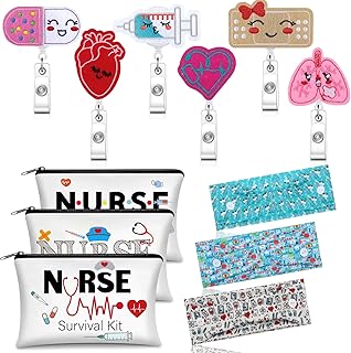 18 Pieces Nurse Week Gifts 2023 Nurse Accessories Set, Include 6 Nurse Badge Reel Retractable 6 Nurse Makeup Bags Cosmetic Bag 6 Nursing Headbands with Buttons for Mask for Nurses(Stylish Style)