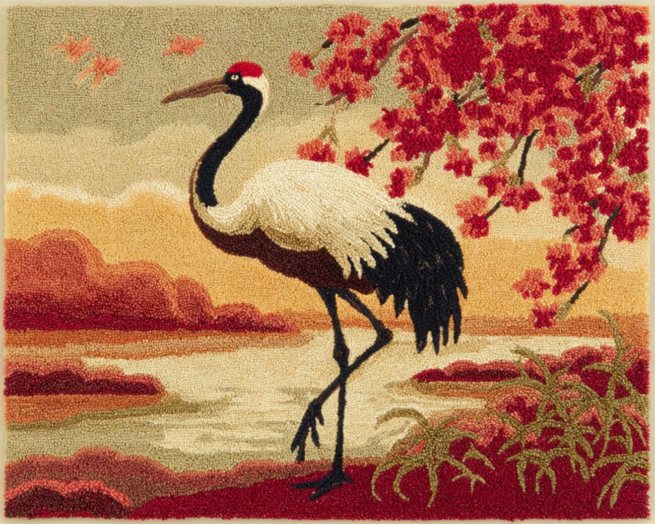 AMBATTERY Animal Tapestry Kit Oriental Crane DIY Crochet Kit Embroidery Set Rug Making Canvas Kits Needlework Crafts for Home Decor 23x35in