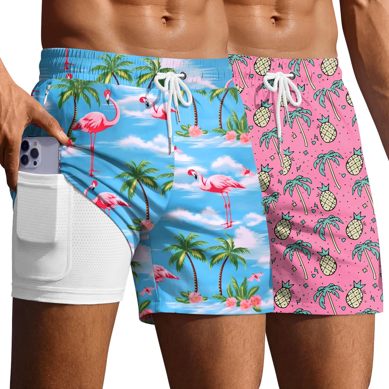 Ekouaer 2 Pack Men's Swim Trunks 5" with Compression Liner 2 in 1 Board Shorts Quick Dry Bathing Suit Swimwear Zipper Pocket — view 12