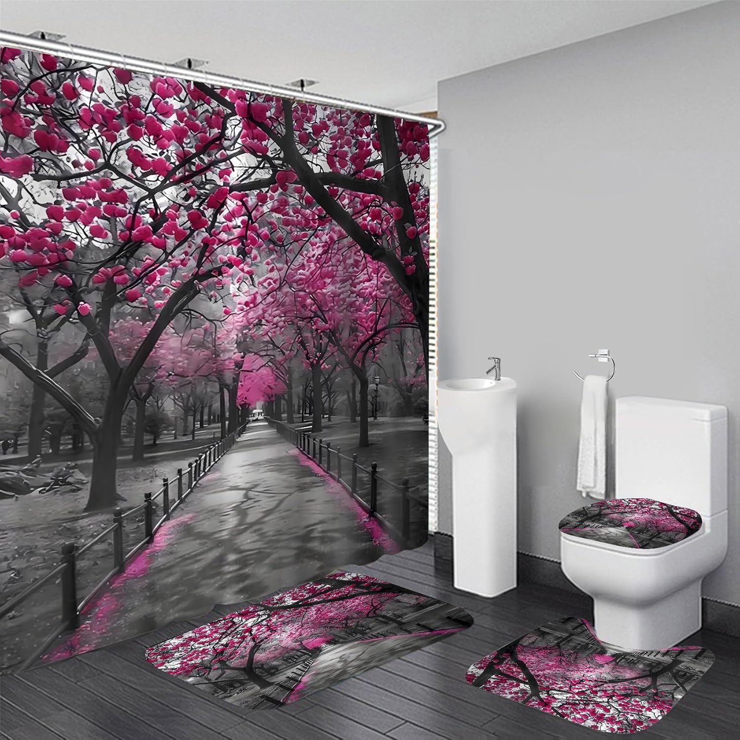 AZHM 4pcs Cherry Blossom Boulevard Shower Curtain Set Pink Flower Floral Bathroom Decor Accessories Set with Rugs and 12 Hooks