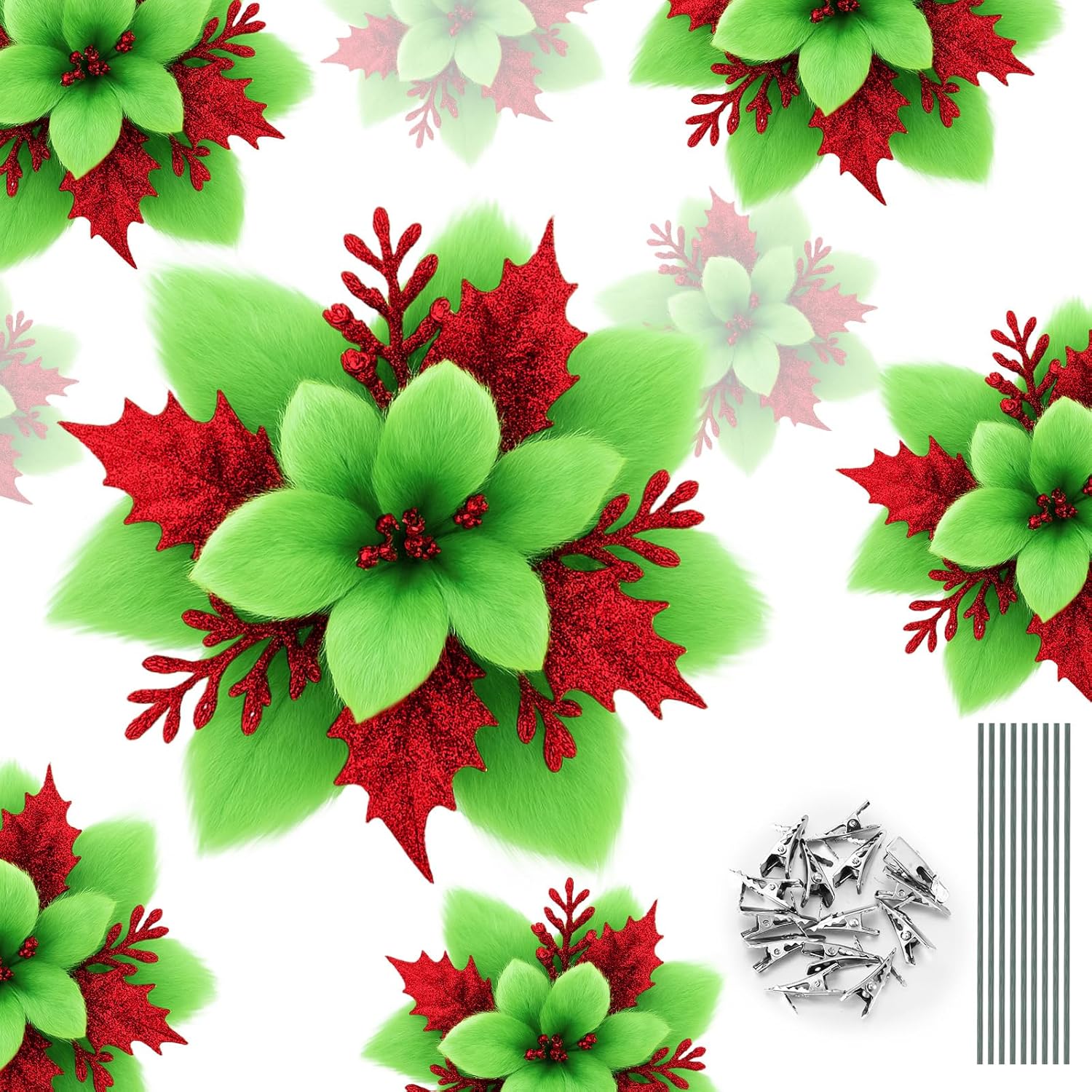 Zeyune 15 Pack Green Poinsettia Flowers Glitter Artificial Christmas Poinsettia Decor 5.5'' Plush Flowers Picks with Clips and Stems DIY for Xmas Tree Wreath Holiday Home Party Decor(Green Red)