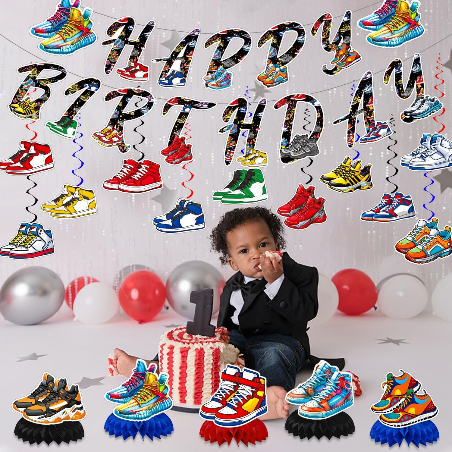 Sneaker Party Decorations Sports Shoes Birthday Party Decor Supplies Includes Happy Birthday Banner Basketball Sneaker Hanging Swirls Honeycomb Centerpiece for Sport Shoese Baby Shower Supplies