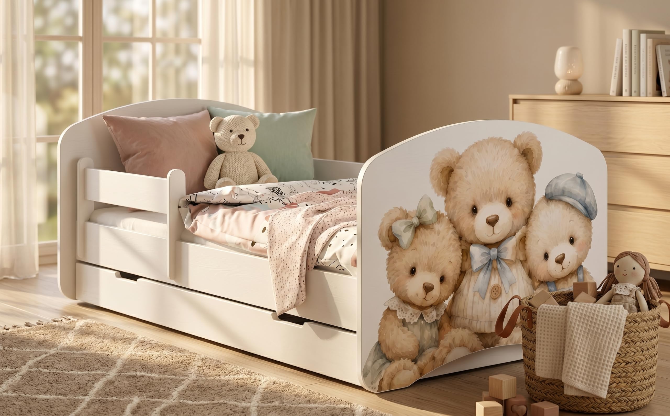 Cama infantil con oso y conejo para habitación de juegos